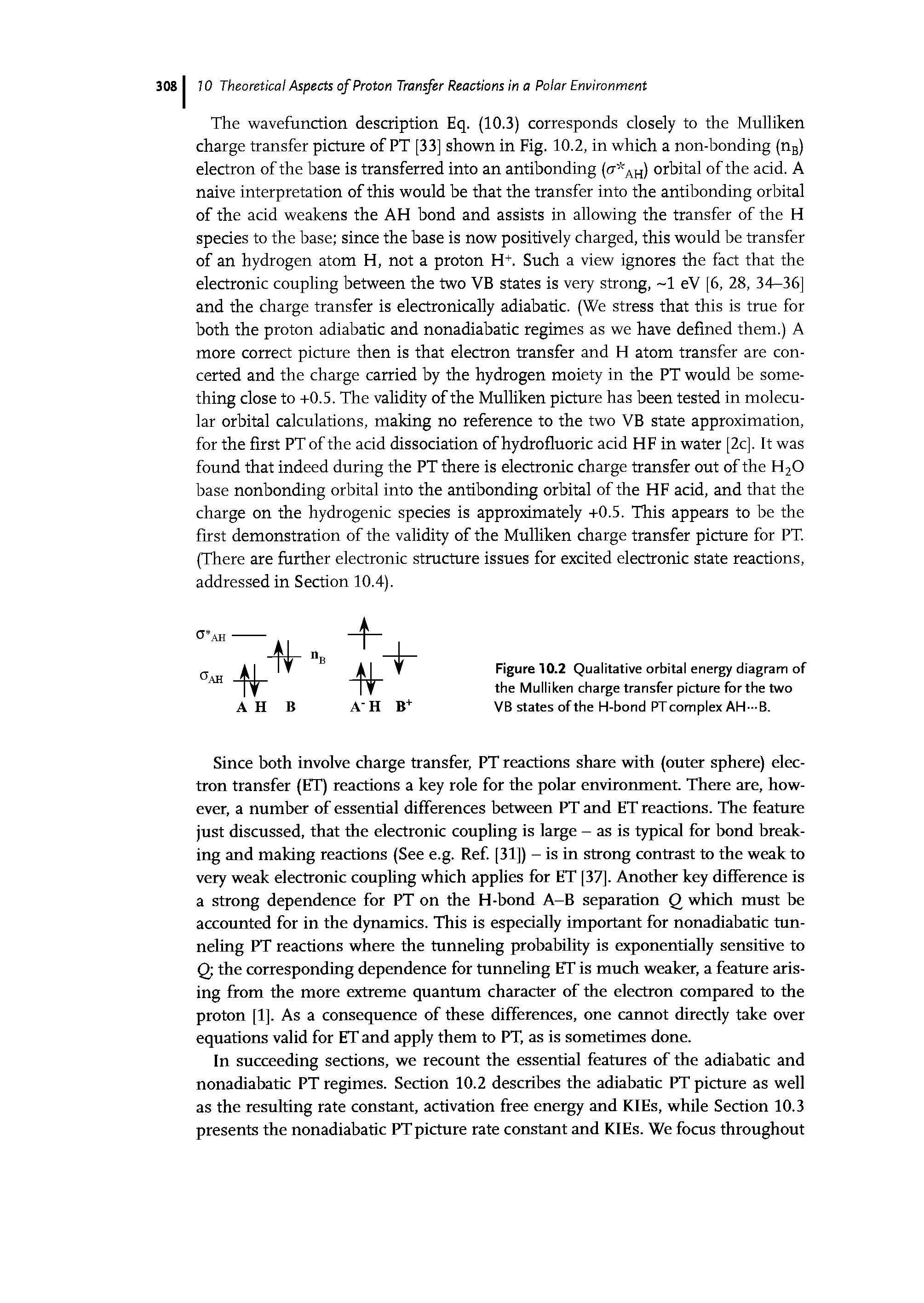 Figure 10.2 Qualitative orbital energy diagram of the Mulliken charge transfer picture for the two VB states of the H-bond PT complex AH—B.