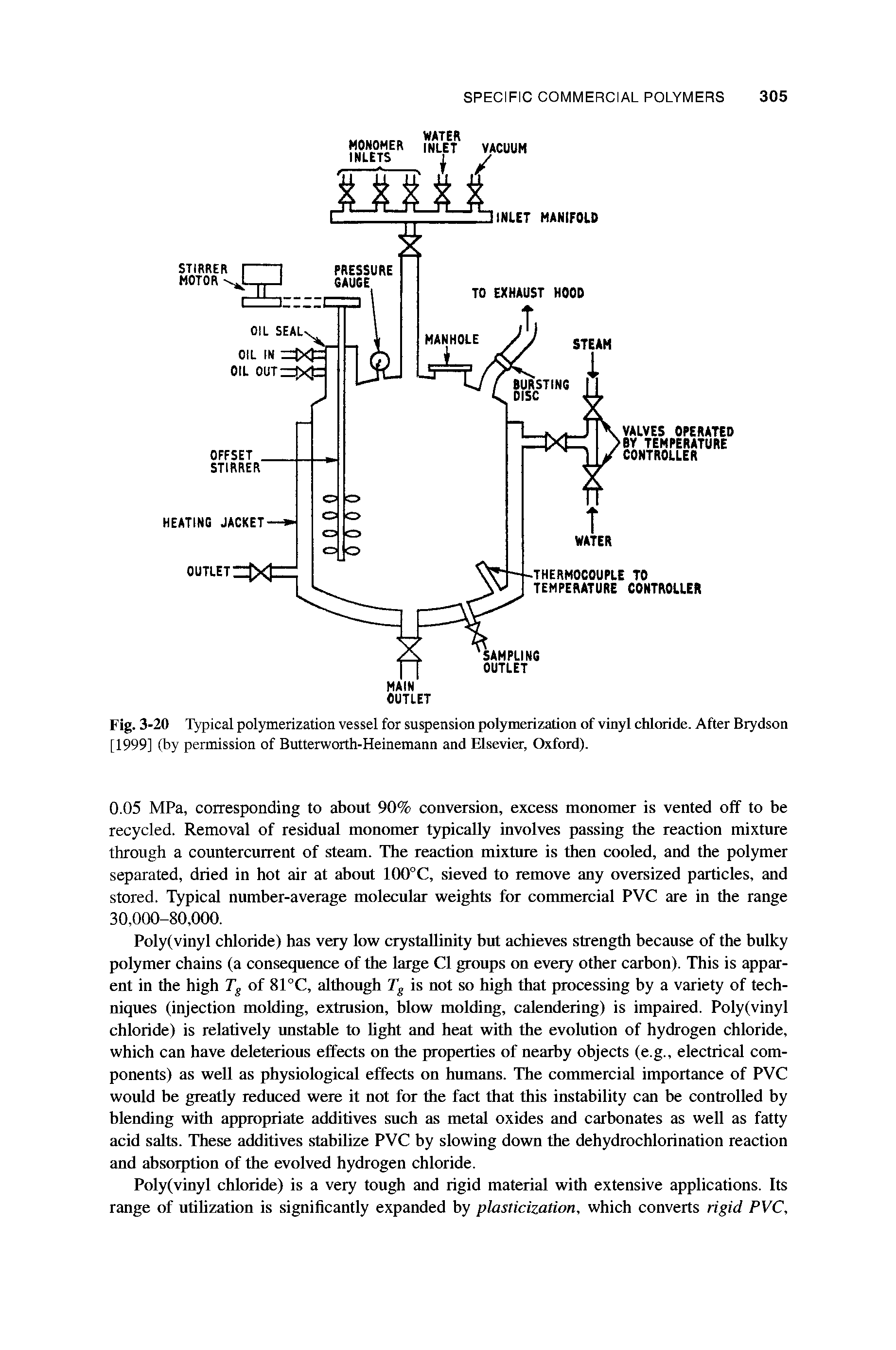 Fig. 3-20 Typical polymerization vessel for suspension polymerization of vinyl chloride. After Brydson [1999] (by permission of Butterworth-Heinemann and Elsevier, Oxford).