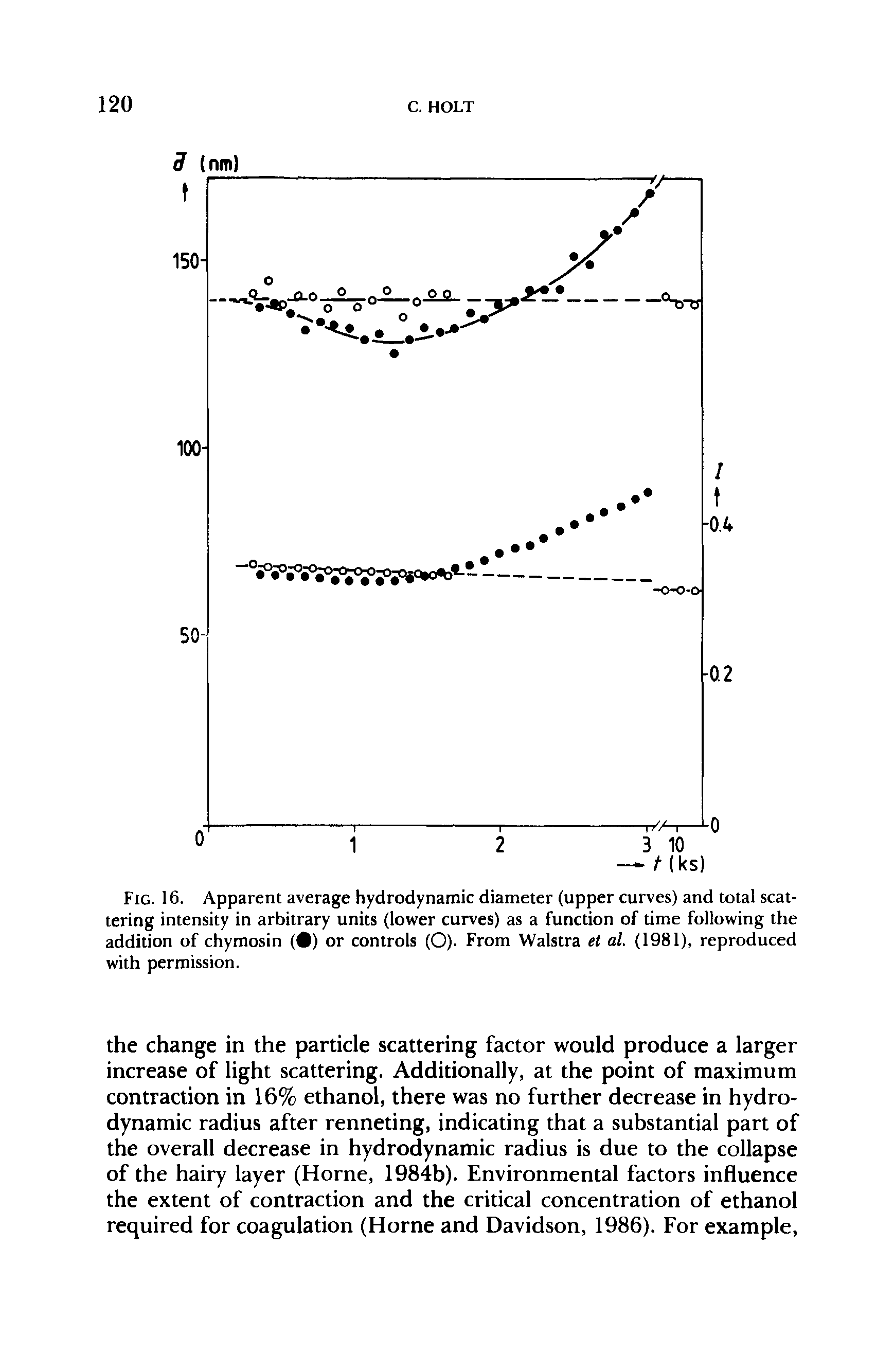 Fig. 16. Apparent average hydrodynamic diameter (upper curves) and total scattering intensity in arbitrary units (lower curves) as a function of time following the addition of chymosin ( ) or controls (O). From Walstra et al. (1981), reproduced with permission.