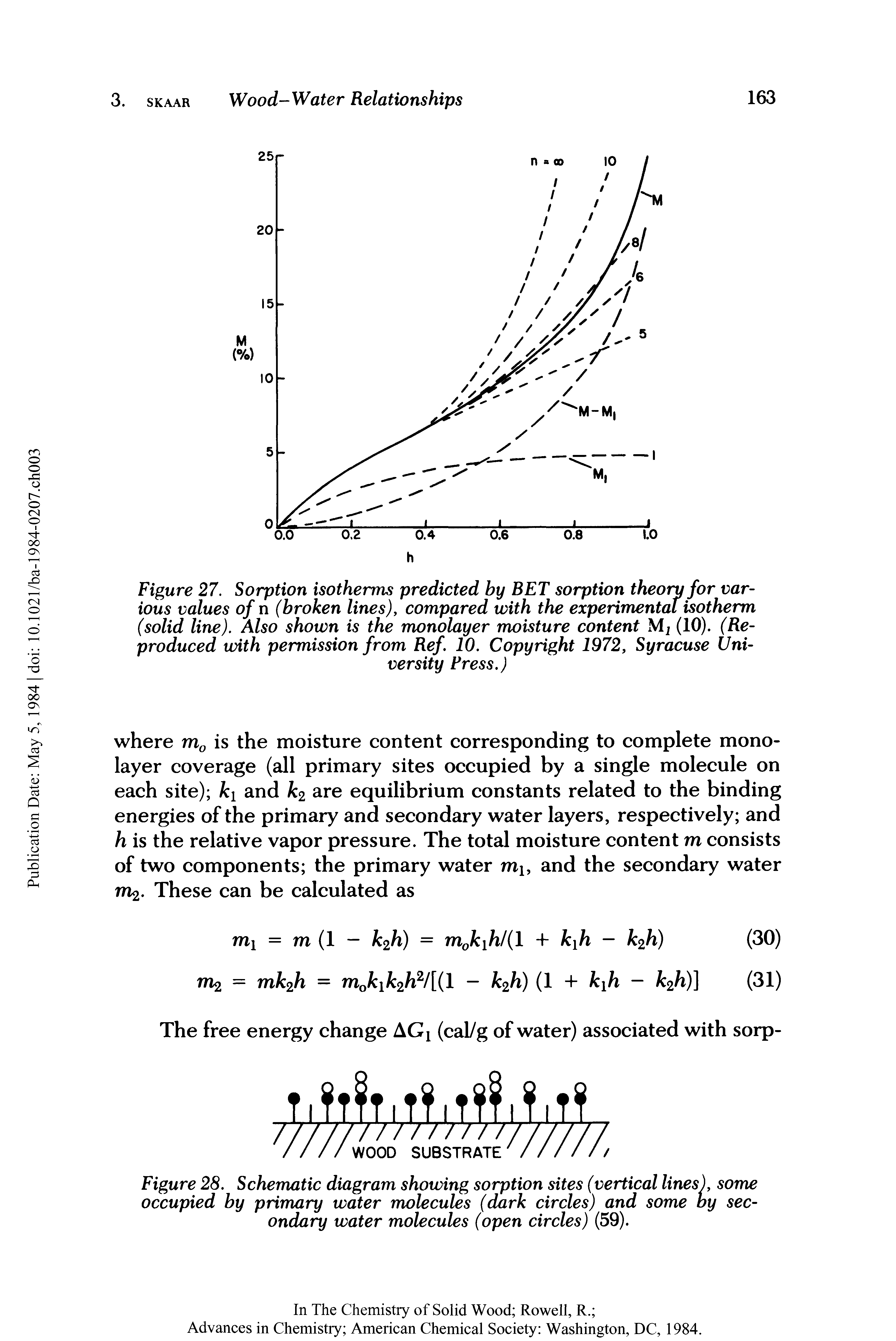 Figure 27. Sorption isotherms predicted by BET sorption theory for various values of n (broken lines), compared with the experimental isotherm (solid line). Also shown is the monolayer moisture content Mj (10). (Reproduced with permission from Ref 10. Copyright 1972, Syracuse University Fress.)...