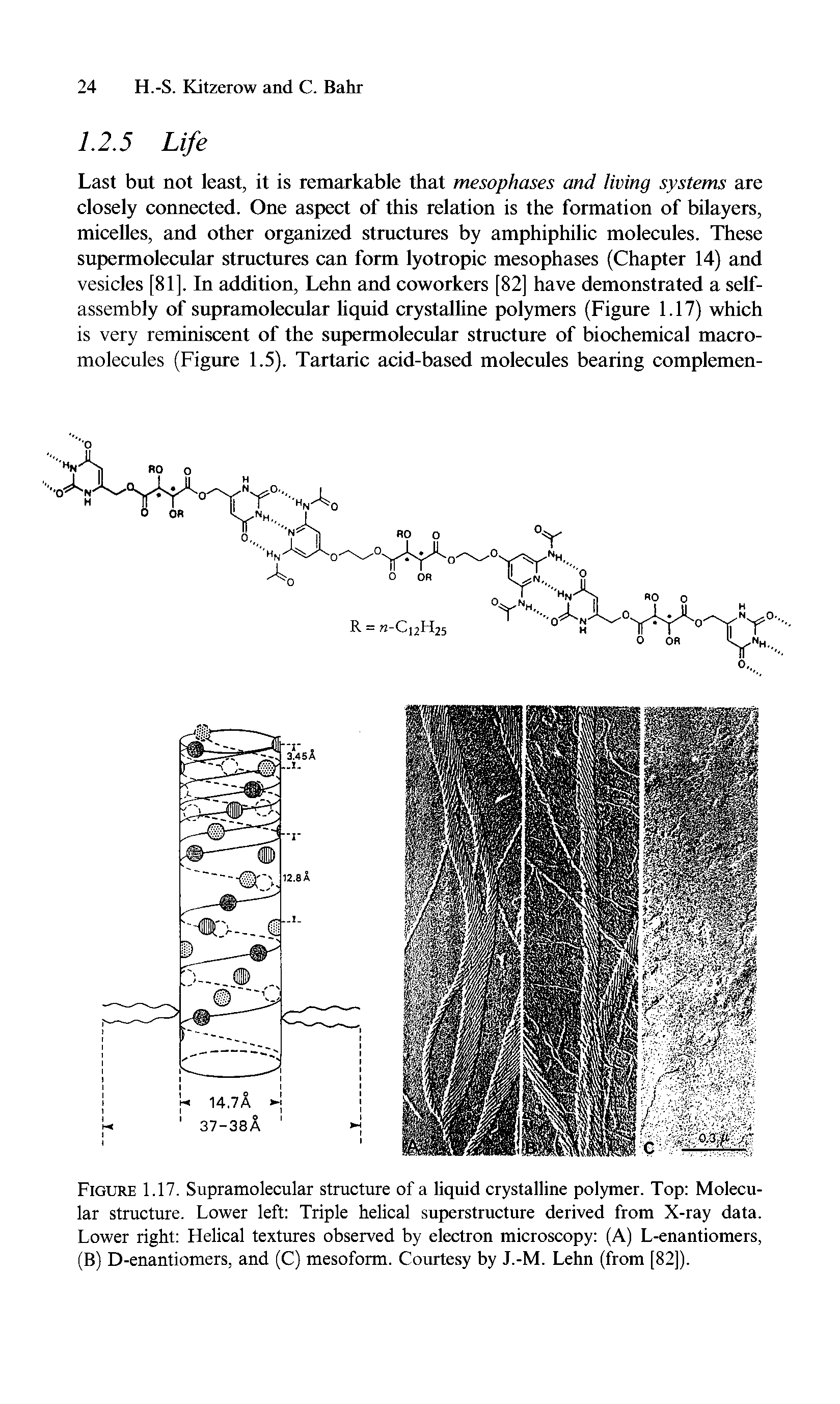 Figure 1.17. Supramolecular structure of a liquid crystalline polymer. Top Molecular structure. Lower left Triple helical superstructure derived from X-ray data. Lower right Helical textures observed by electron microscopy (A) L-enantiomers, (B) D-enantiomers, and (C) mesoform. Courtesy by J.-M. Lehn (from [82]).