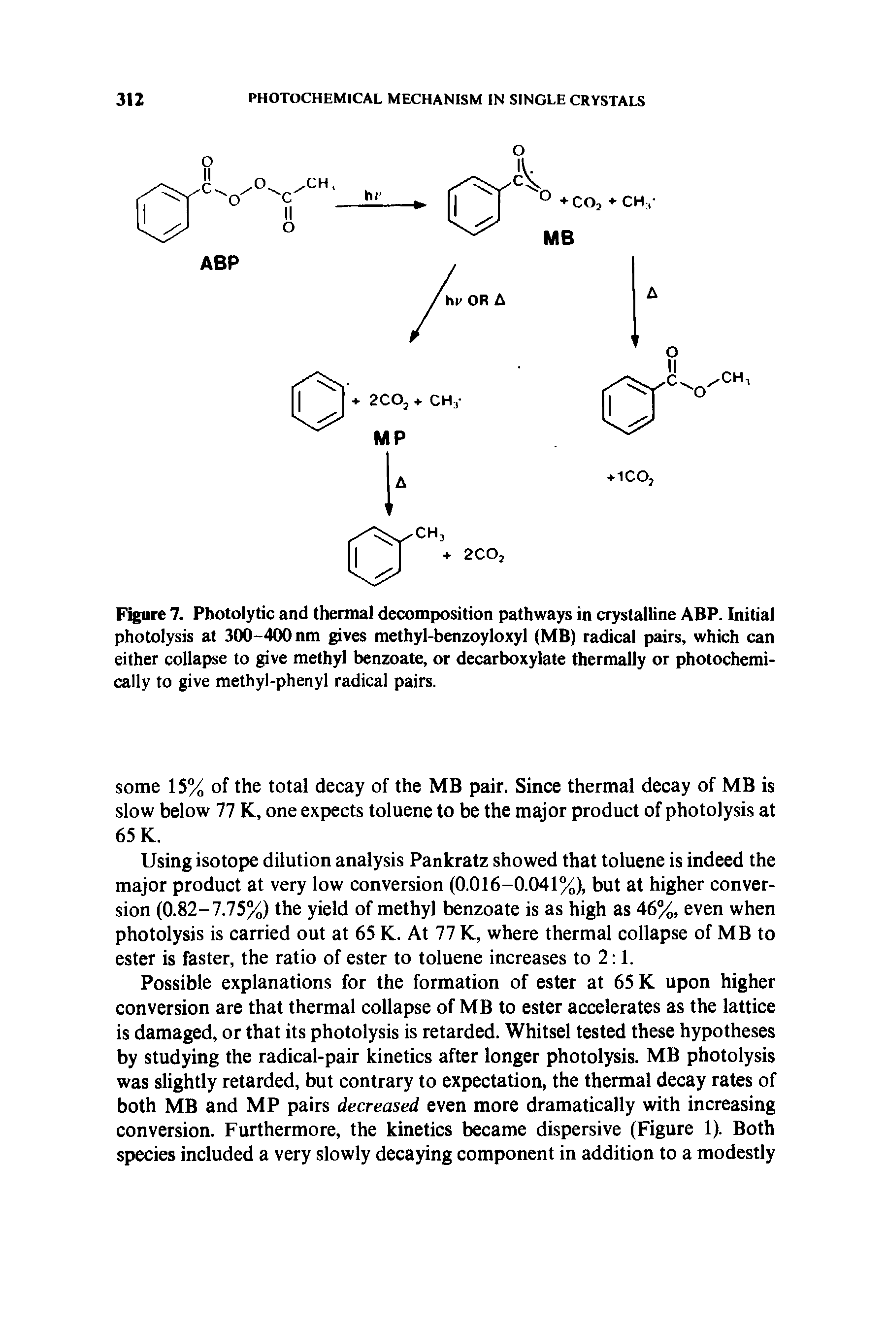 Figure 7. Photolytic and thermal decomposition pathways in crystalline ABP. Initial photolysis at 300-400 nm gives methyl-benzoyloxyl (MB) radical pairs, which can either collapse to give methyl benzoate, or decarboxylate thermally or photochemi-cally to give methyl-phenyl radical pairs.