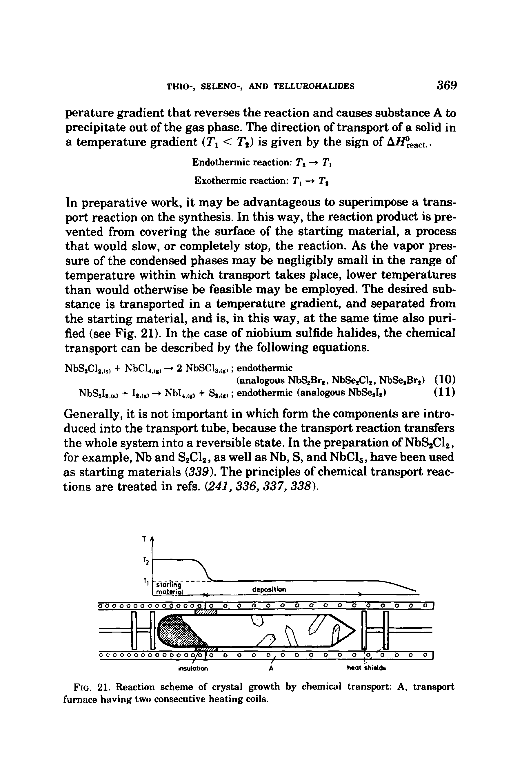 Fig. 21. Reaction scheme of crystal growth by chemical transport A, transport furnace having two consecutive heating coils.