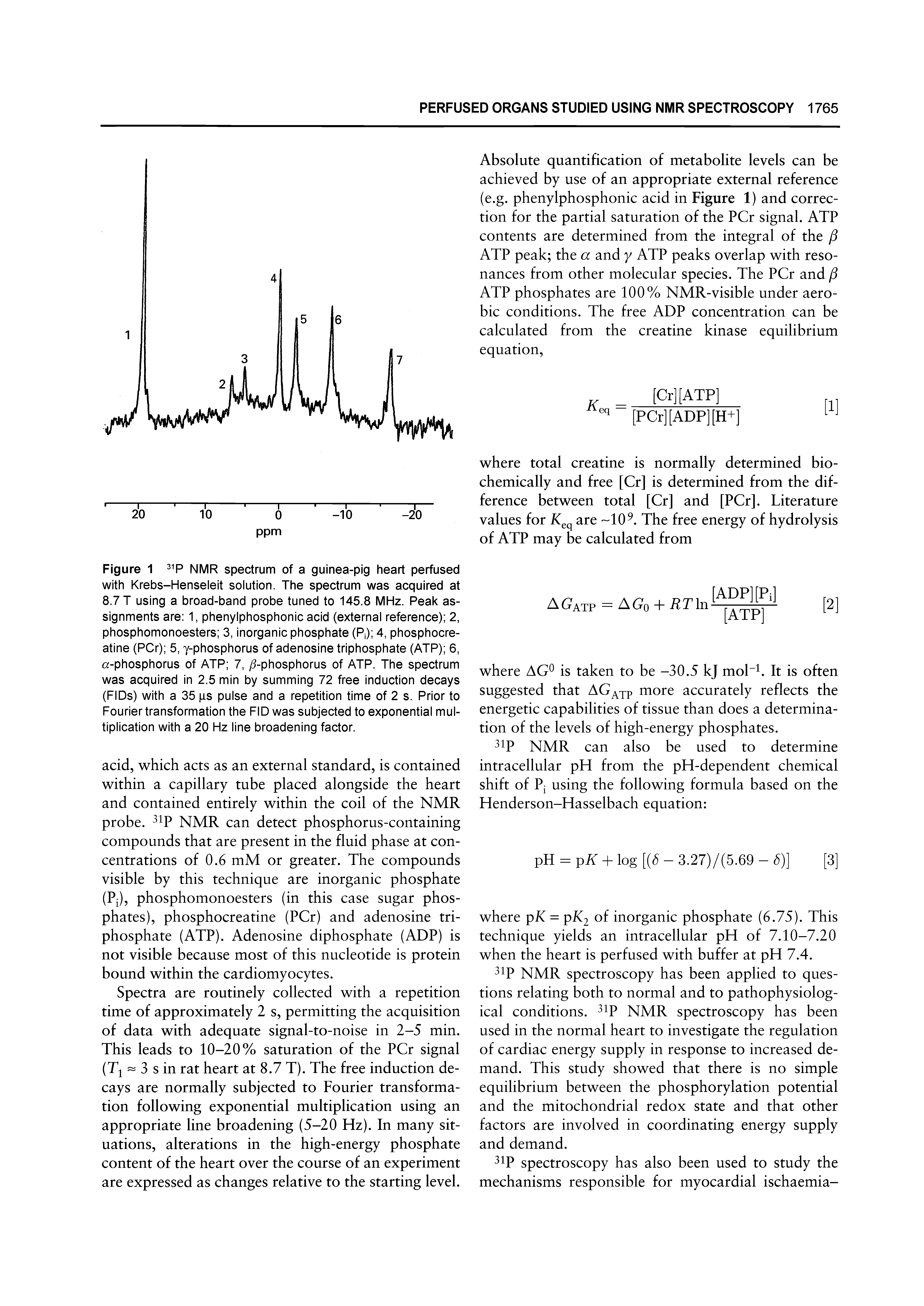 Figure 1 NMR spectrum of a guinea-pig heart perfused with Krebs-Henseleit solution. The spectrum was acquired at 8.7 T using a broad-band probe tuned to 145.8 MHz. Peak assignments are 1, phenylphosphonic acid (external reference) 2, phosphomonoesters 3, inorganic phosphate (P ) 4, phosphocre-atine (PCr) 5, y-phosphorus of adenosine triphosphate (ATP) 6, a-phosphorus of ATP 7, 5-phosphorus of ATP. The spectrum was acquired in 2.5 min by summing 72 free induction decays (FIDs) with a 35 gs pulse and a repetition time of 2 s. Prior to Fourier transformation the FID was subjected to exponential multiplication with a 20 Hz line broadening factor.