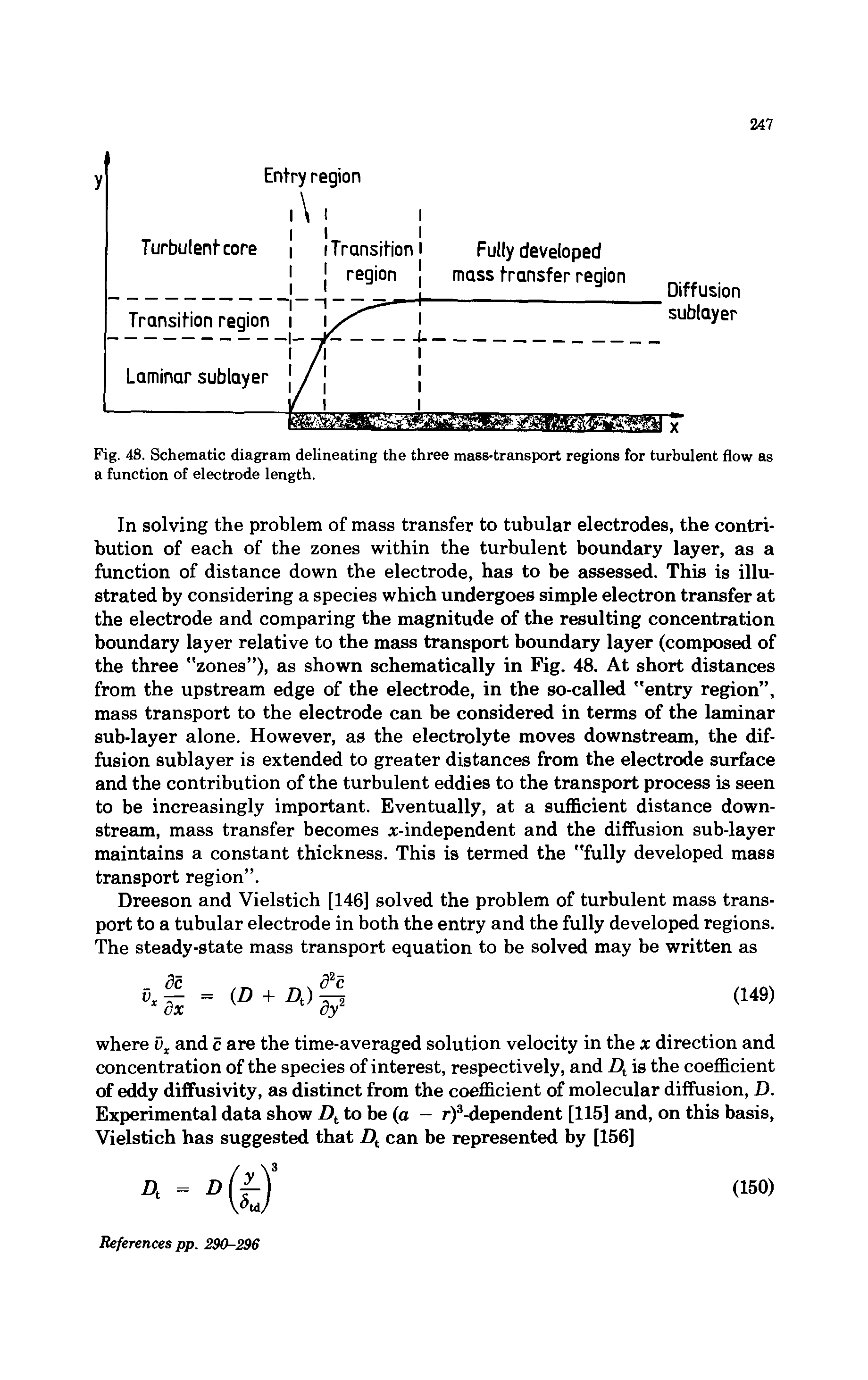 Fig. 48. Schematic diagram delineating the three mass-transport regions for turbulent flow as a function of electrode length.