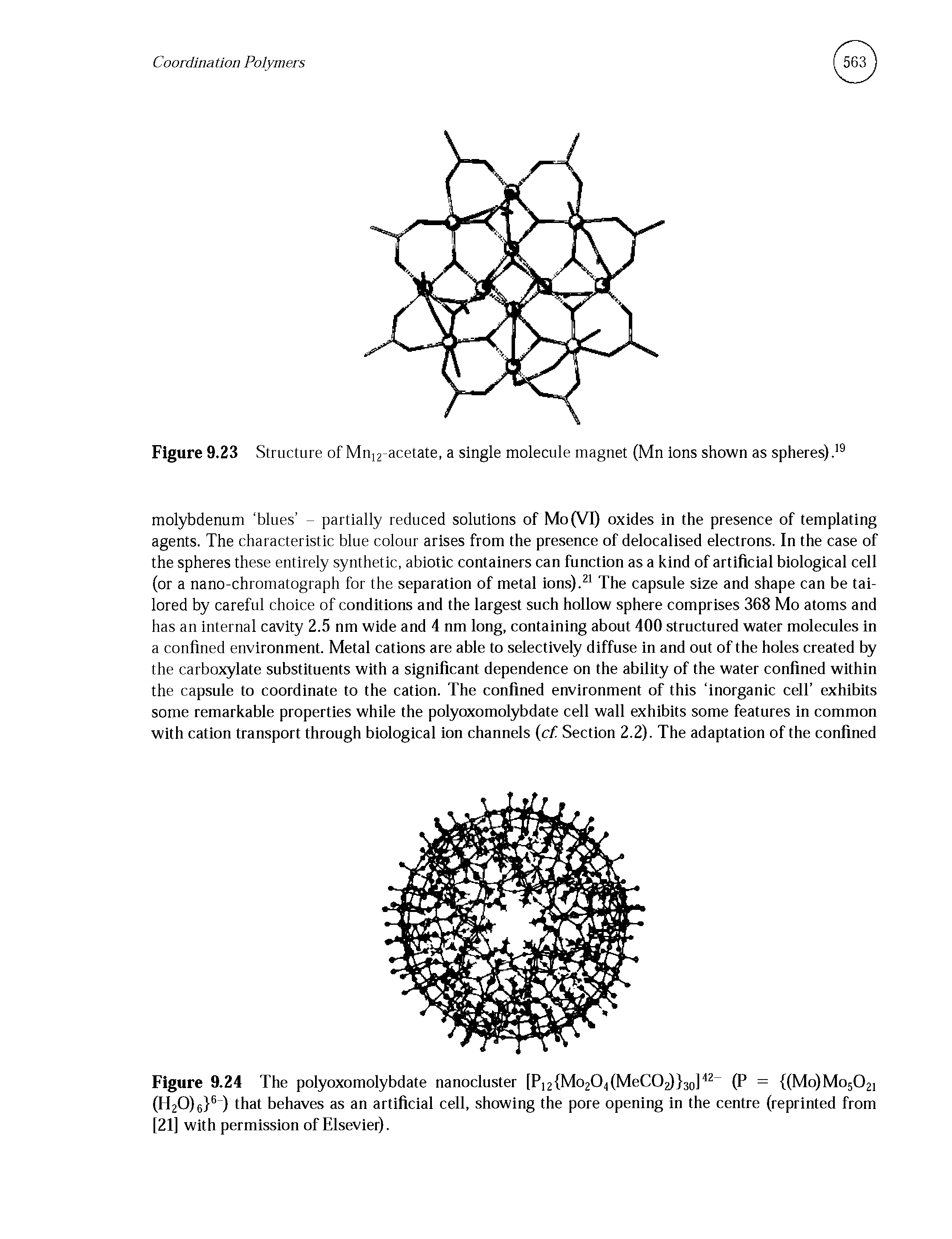 Figure 9.24 The polyoxomolybdate nanocluster [P]2(Mo204(MeCO ) 30l42 (P = (Mo)Mo502i (I I20)6 6 ) that behaves as an artificial cell, showing the pore opening in the centre (reprinted from [21] with permission of Elsevier).