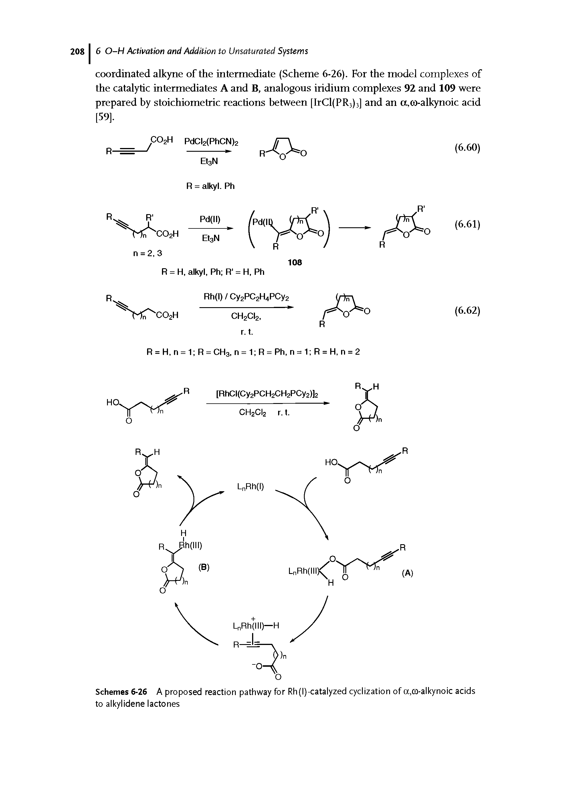 Schemes 6-26 A proposed reaction pathway for Rh(l)-catalyzed cyclization of a,co-alkynoic acids to alkylidene lactones...