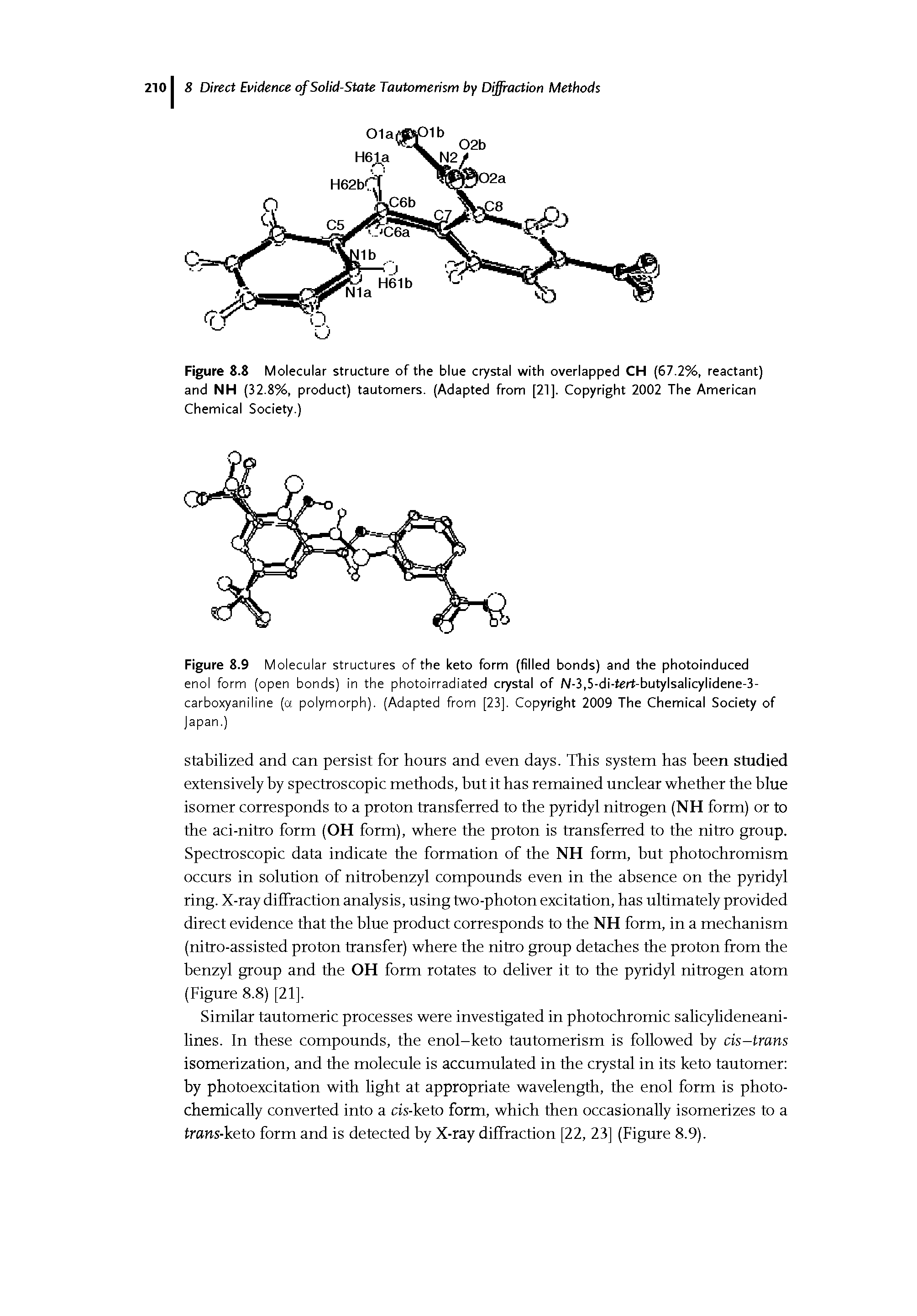 Figure 8.9 Molecular structures of the keto form (filled bonds) and the photoinduced enol form (open bonds) in the photoirradiated crystal of N-3,5-di-tert-butylsalicylidene-3-carboxyaniline (a polymorph). (Adapted from [23]. Copyright 2009 The Chemical Society of japan.)...