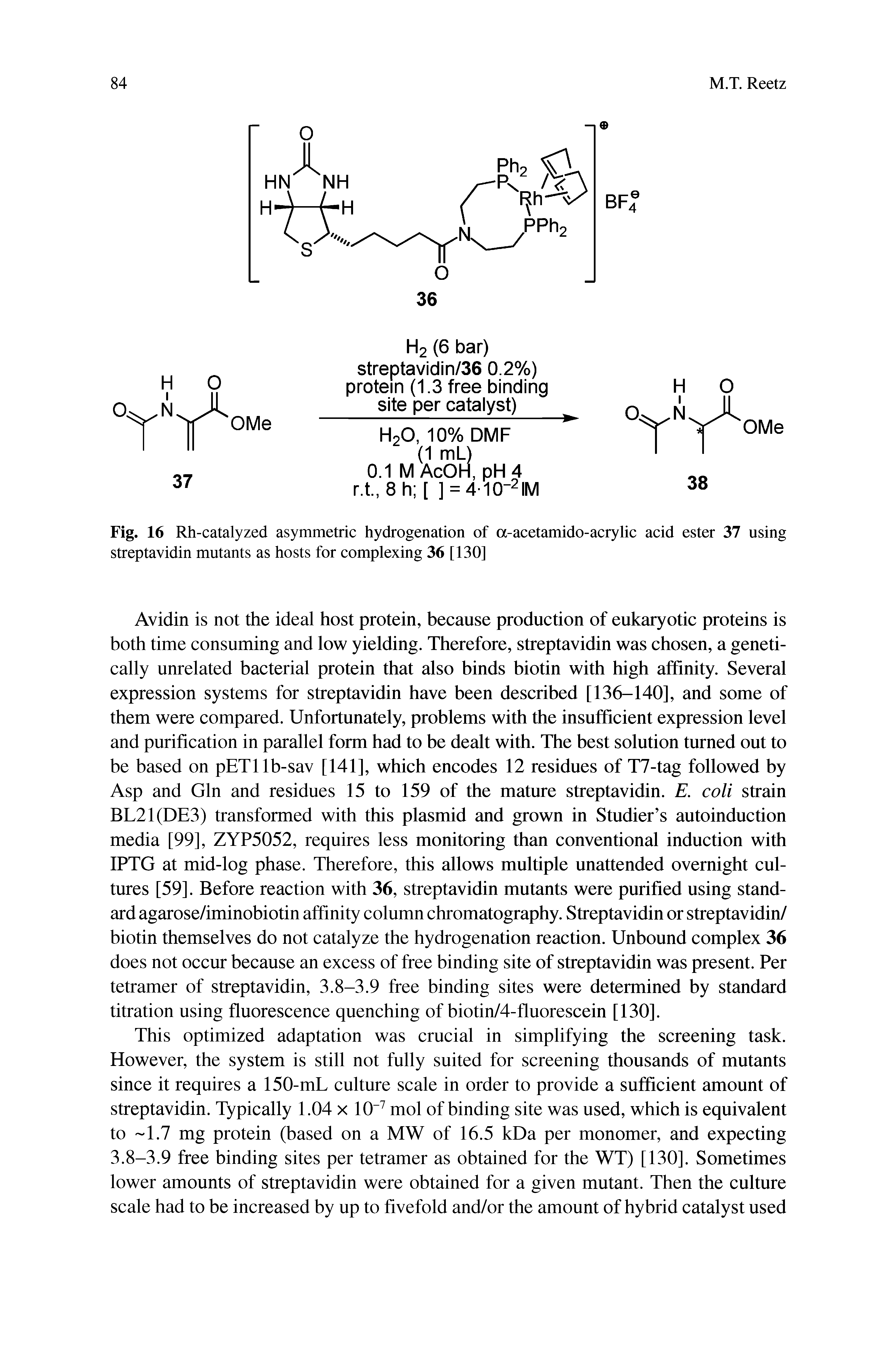 Fig. 16 Rh-catalyzed asymmetric hydrogenation of a-acetamido-acrylic acid ester 37 using streptavidin mutants as hosts for complexing 36 [130]...