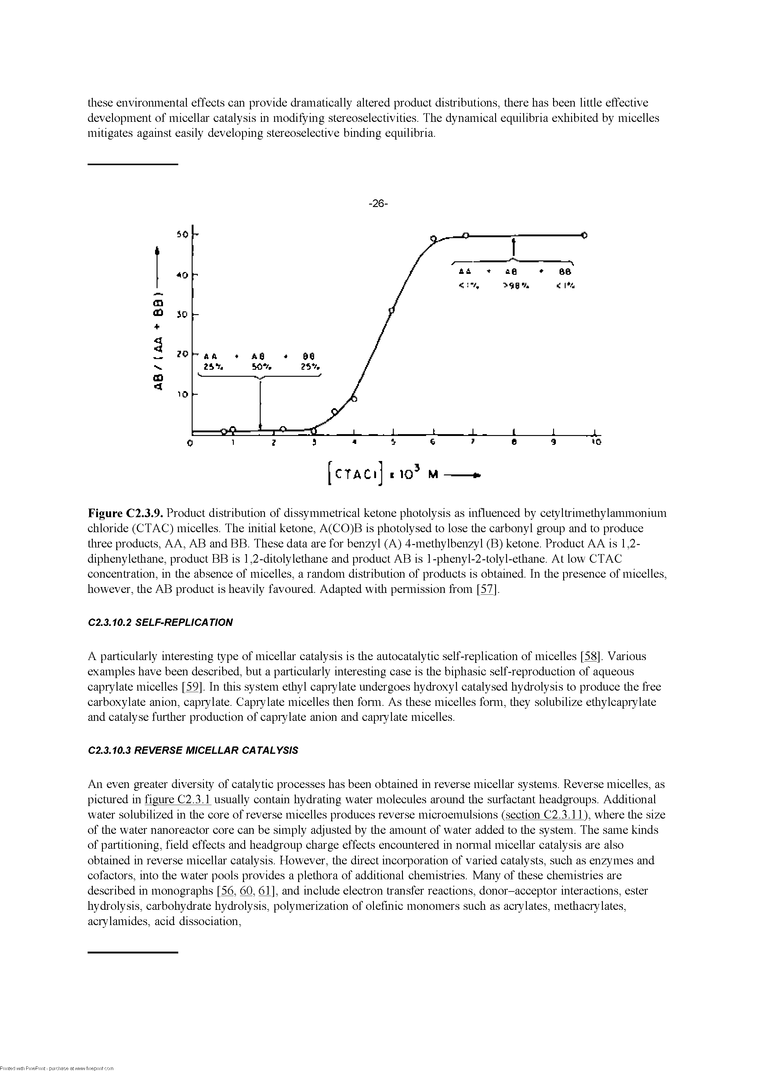 Figure C2.3.9. Product distribution of dissymmetrical ketone photolysis as influenced by cefyltrimethylammonium chloride (CTAC) micelles. The initial ketone, A(CO)B is photolysed to lose the carbonyl group and to produce tliree products, AA, AB and BB. These data are for benzyl (A) 4-methylbenzyl (B) ketone. Product AA is 1,2-diphenylethane, product BB is 1,2-ditolylethane and product AB is l-phenyl-2-tolyl-ethane. At low CTAC concentration, in the absence of micelles, a random distribution of products is obtained. In the presence of micelles, however, the AB product is heavily favoured. Adapted with pennission from 1571.