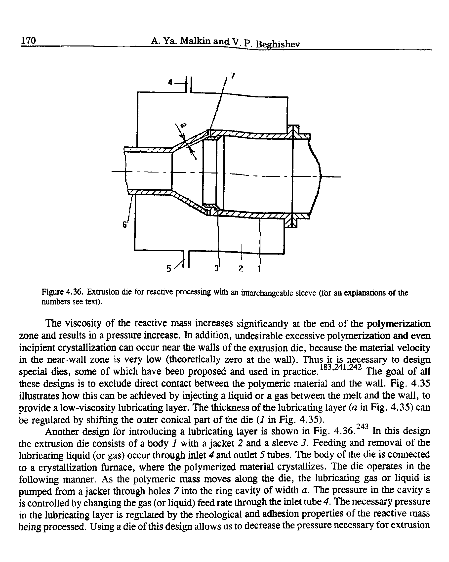Figure 4.36. Extrusion die for reactive processing with an interchangeable sleeve (for an explanations of the numbers see text).