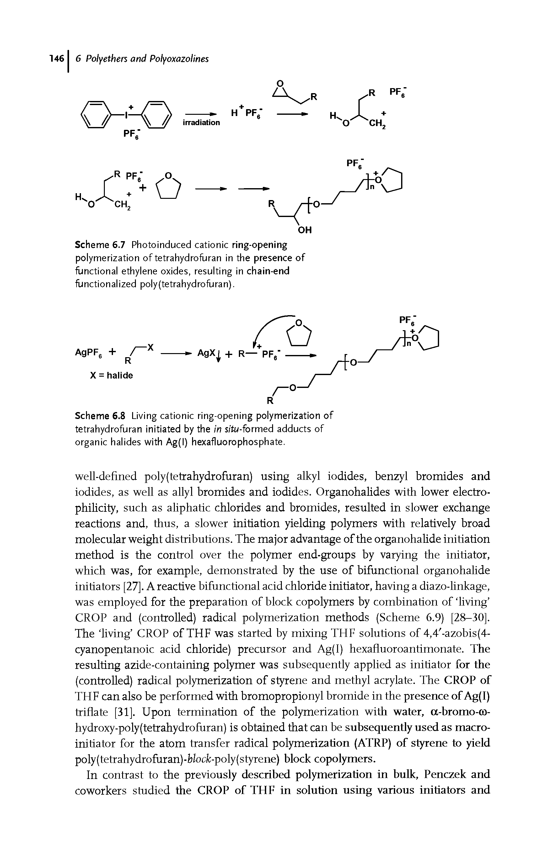 Scheme 6.7 Photoinduced cationic ring-opening polymerization of tetrahydrofliran in the presence of functional ethylene oxides, resulting in chain-end functionalized poly(tetrahydrofliran).