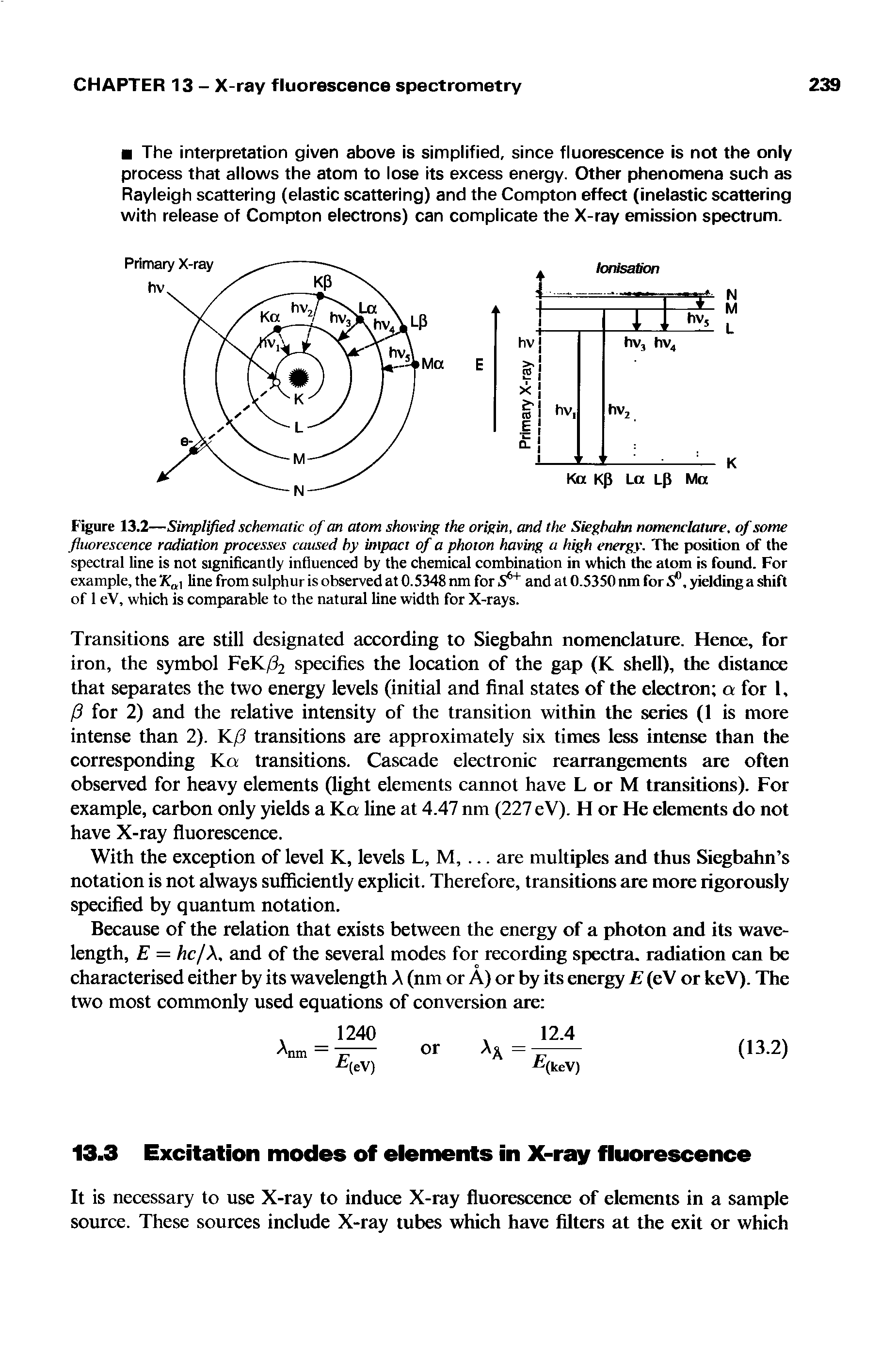 Figure 13.2—Simplified schematic of an atom showing the origin, and the Siegbahn nomenclature, of some fluorescence radiation processes caused by impact of a photon having a high energy. The position of the spectral line is not significantly influenced by the chemical combination in which the atom is found. For example, the Kat line from sulphur is observed at 0.5348 nm for S + and at 0.5350 nm for S°, yielding a shift of 1 eV, which is comparable to the natural line width for X-rays.