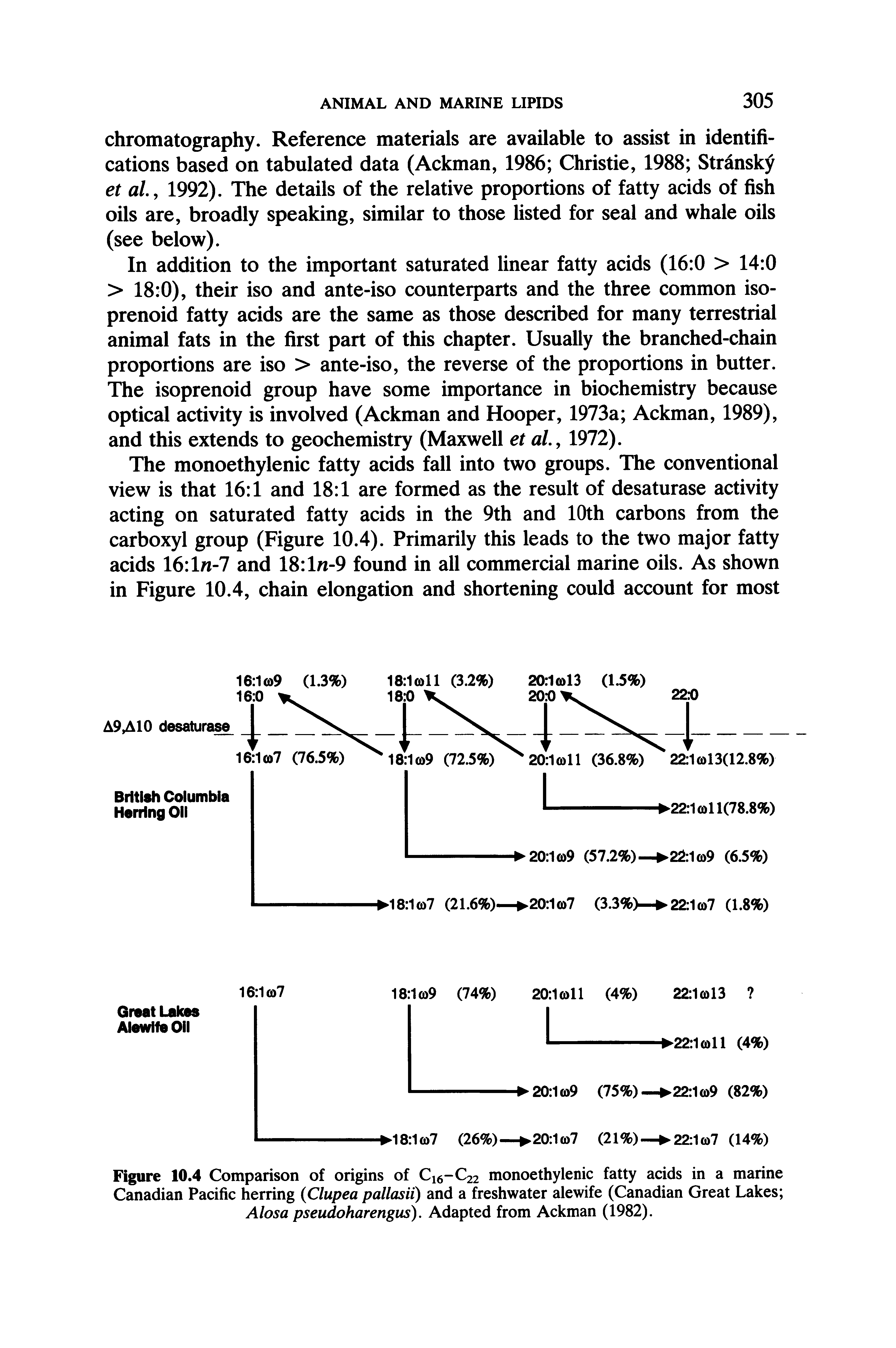 Figure 10.4 Comparison of origins of C16-C22 monoethylenic fatty acids in a marine Canadian Pacific herring (Clupea pallasii) and a freshwater alewife (Canadian Great Lakes Alosa pseudoharengus). Adapted from Ackman (1982).