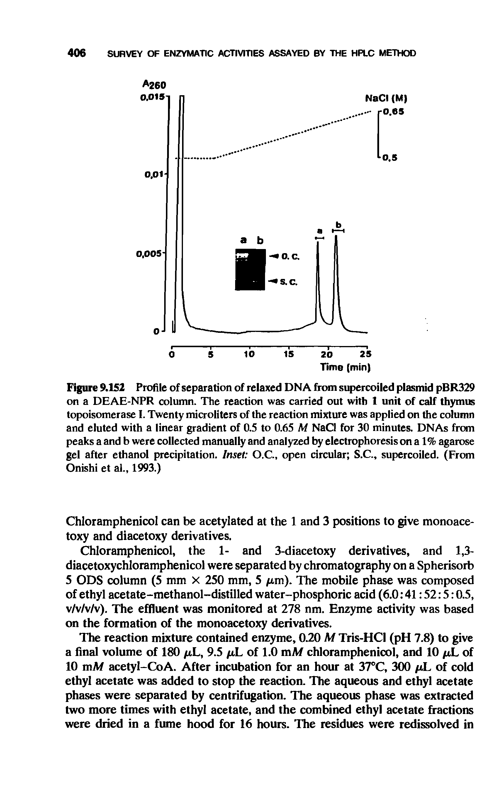 Figure 9.152 Profile of separation of relaxed DNA from supercoiled plasmid pBR329 on a DEAE-NPR column. The reaction was carried out with 1 unit of calf thymus topoisomerase I. Twenty microliters of the reaction mixture was applied on the column and eluted with a linear gradient of 0.5 to 0.65 M NaCl for 30 minutes. DNAs from peaks a and b were collected manually and analyzed by electrophoresis on a 1% agarose gel after ethanol precipitation. Inset O.C., open circular S.C., supercoiled. (From Onishi et al., 1993.)...