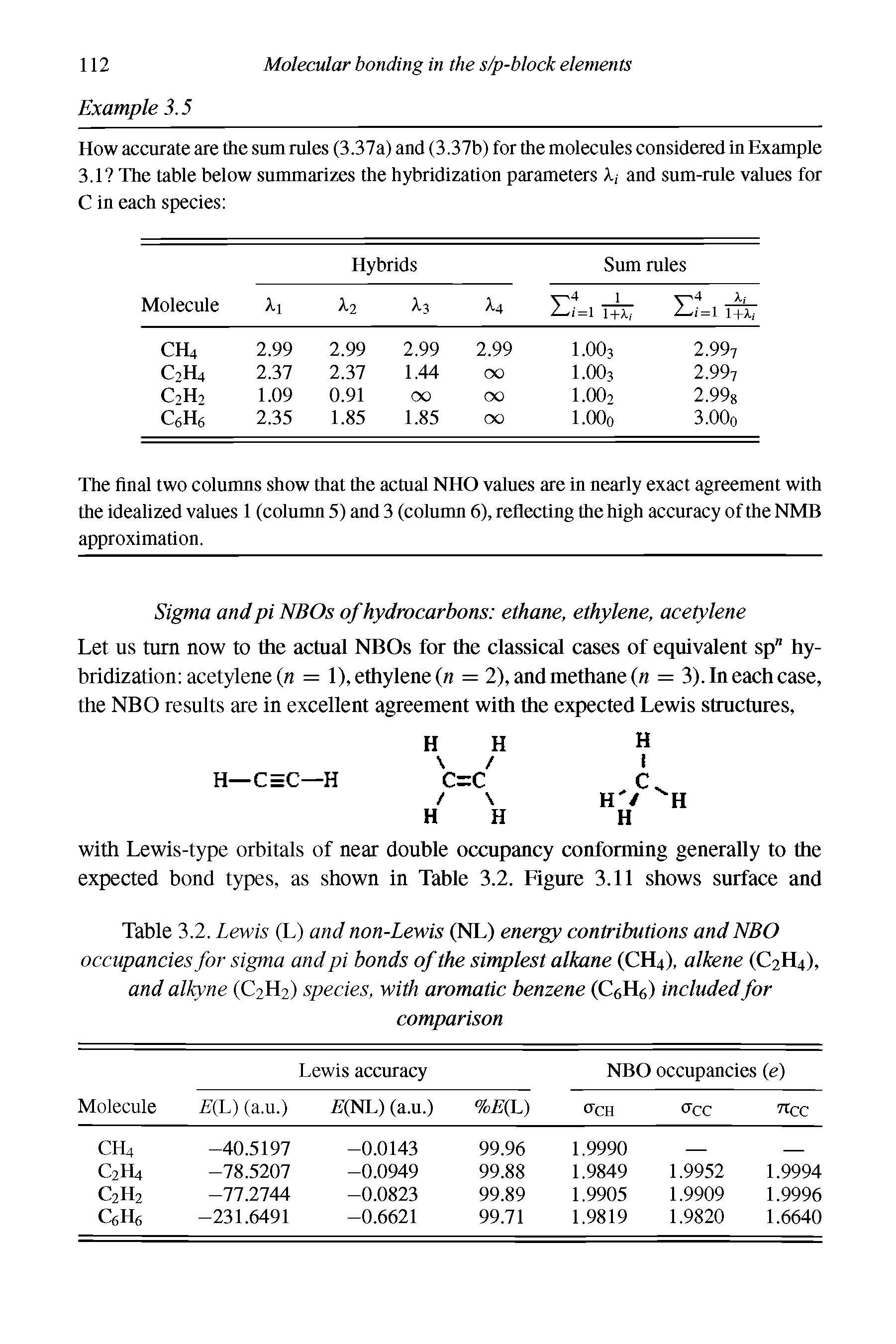 Table 3.2. Lewis (L) and non-Lewis (NL) energy contributions and NBO occupancies for sigma and pi bonds of the simplest alkane (CH4), alkene (C2H4), and alkyne (C2H2) species, with aromatic benzene (C fD includedfor...