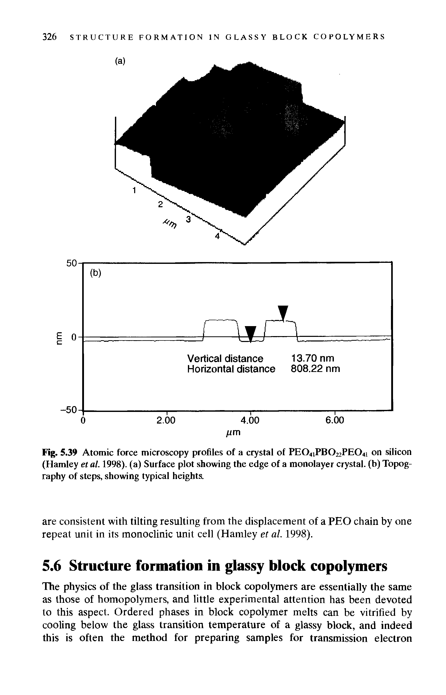 Fig. 5.39 Atomic force microscopy profiles of a crystal of PEO41PBO22PEO41 on silicon (Hamley et al. 1998). (a) Surface plot showing the edge of a monolayer crystal, (b) Topography of steps, showing typical heights.
