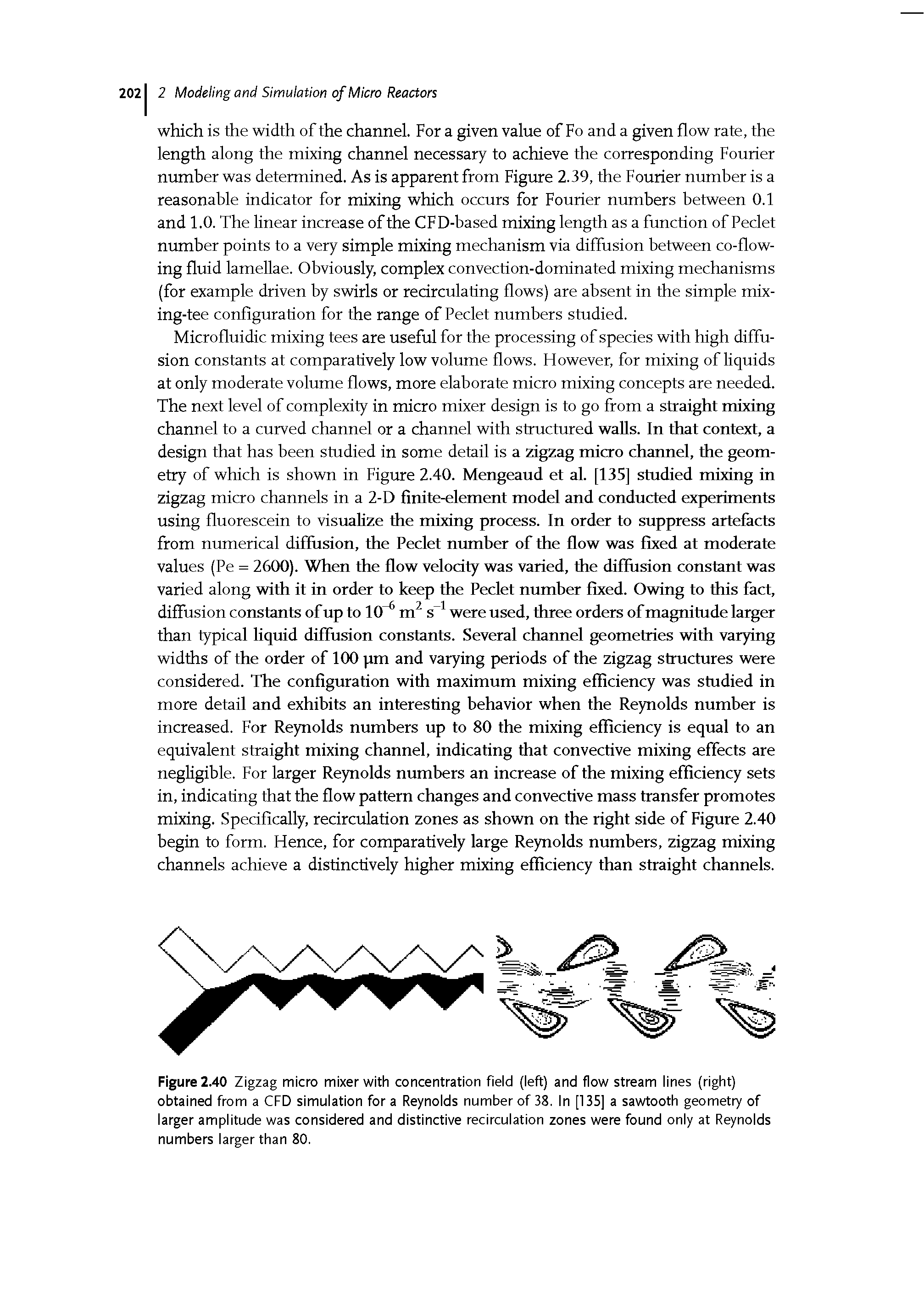 Figure 2.40 Zigzag micro mixer with concentration field (left) and flow stream lines (right) obtained from a CFD simulation for a Reynolds number of 38. In [135] a sawtooth geometry of larger amplitude was considered and distinctive recirculation zones were found only at Reynolds numbers larger than 80.