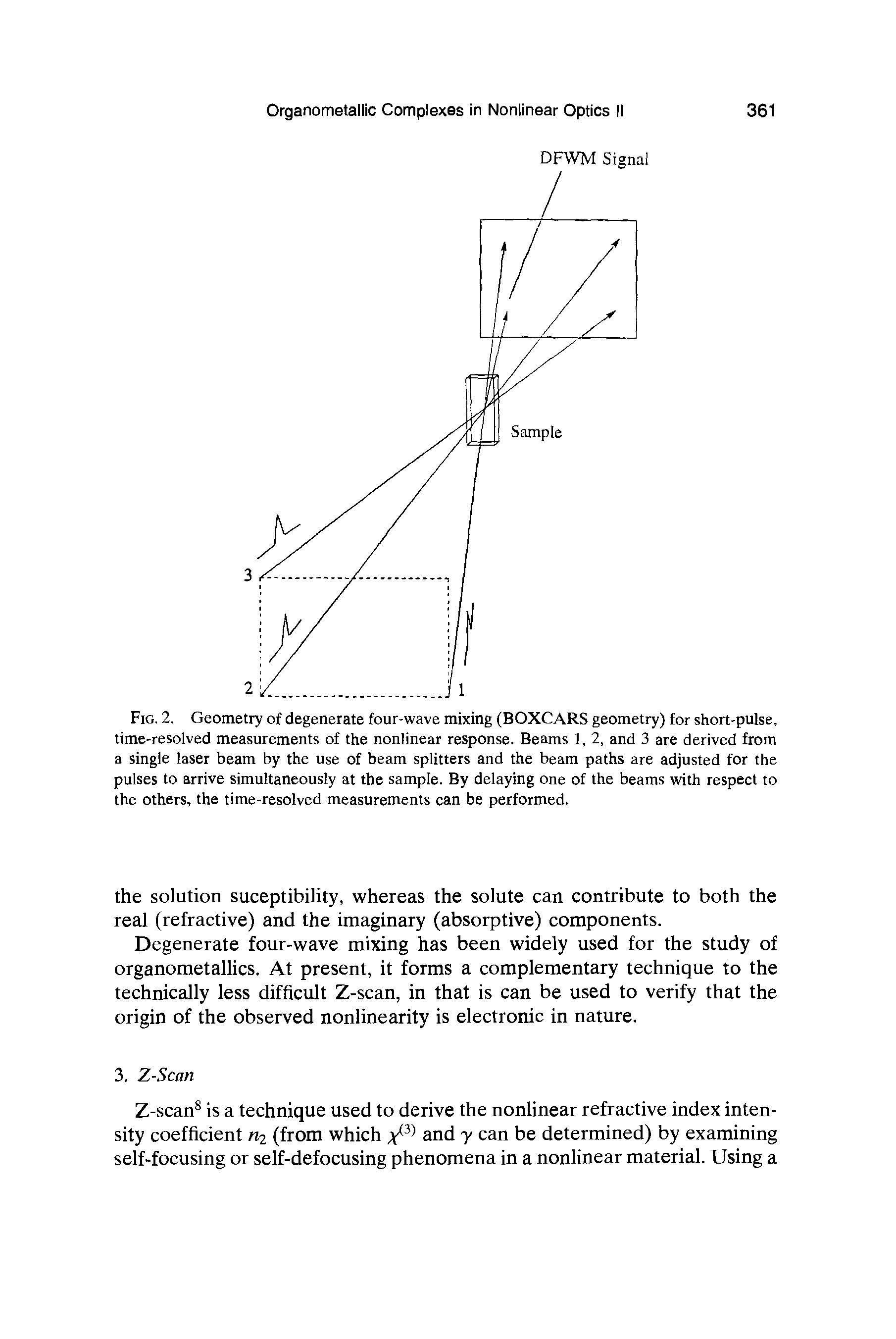 Fig. 2. Geometry of degenerate four-wave mixing (BOXCARS geometry) for short-pulse, time-resolved measurements of the nonlinear response. Beams 1, 2, and 3 are derived from a single laser beam by the use of beam splitters and the beam paths are adjusted for the pulses to arrive simultaneously at the sample. By delaying one of the beams with respect to the others, the time-resolved measurements can be performed.