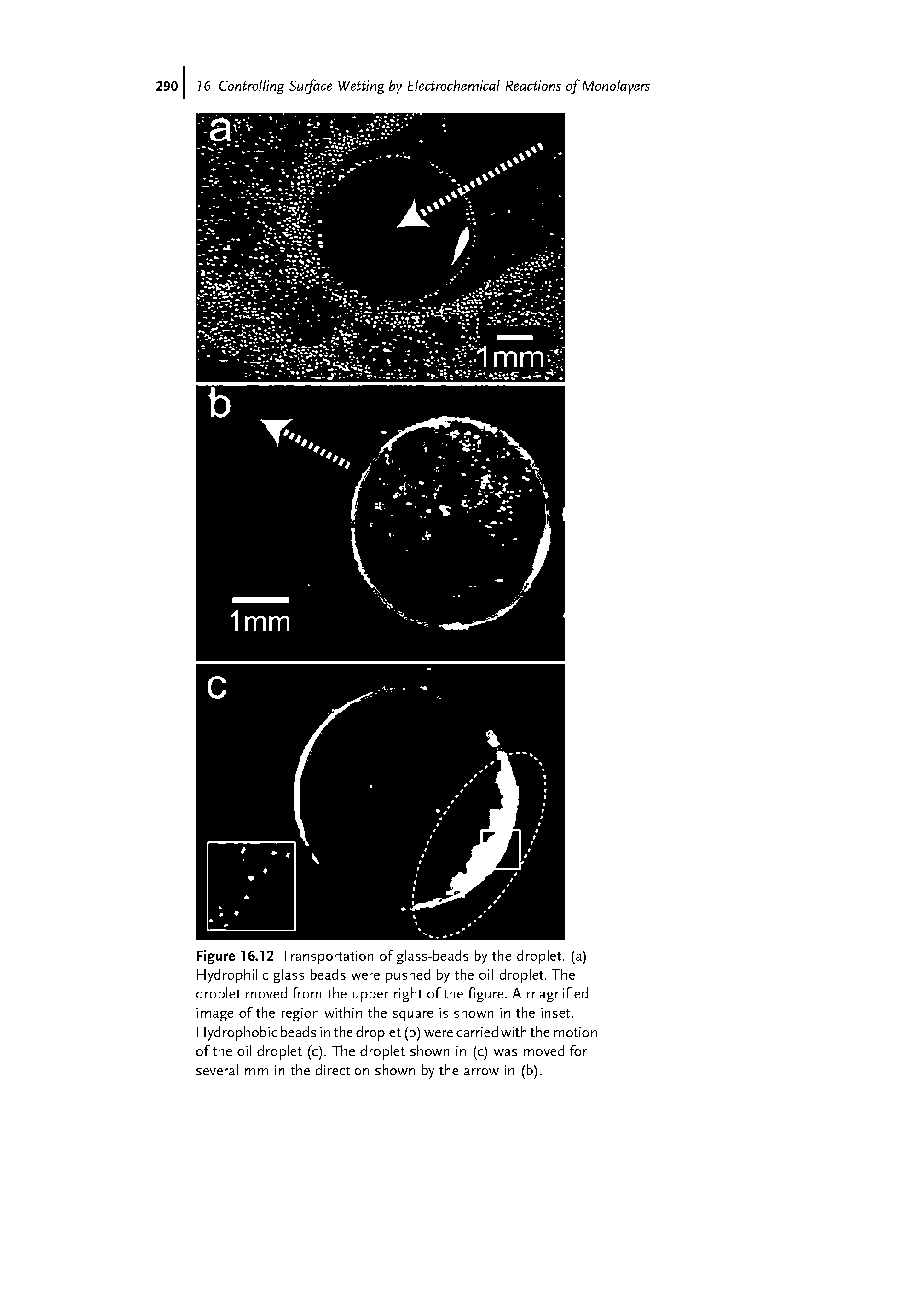 Figure 16.12 Transportation of glass-beads by the droplet, (a) Hydrophilic glass beads were pushed by the oil droplet. The droplet moved from the upper right of the figure. A magnified image of the region within the square is shown in the inset. Hydrophobic beads in the droplet (b) were carried with the motion of the oil droplet (c). The droplet shown in (c) was moved for several mm in the direction shown by the arrow in (b).