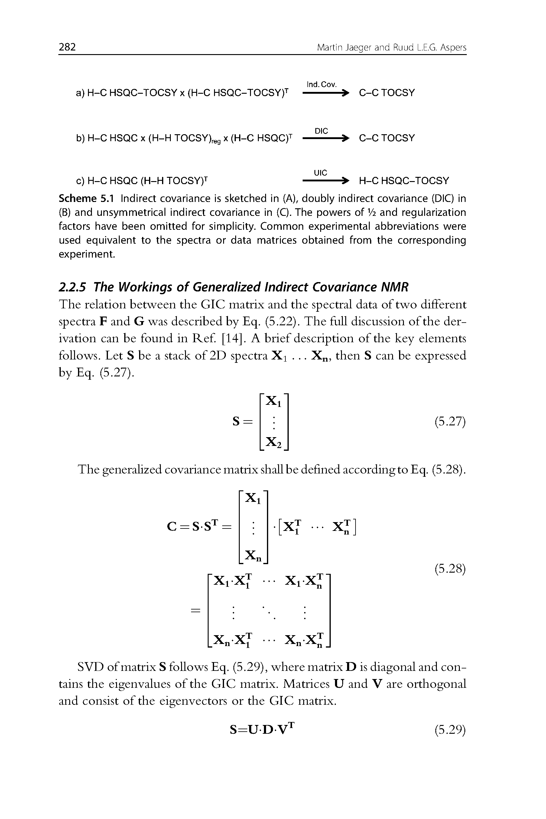 Scheme 5.1 Indirect covariance is sketched in (A), doubly indirect covariance (DIC) in (B) and unsymmetrical indirect covariance in (C). The powers of 14 and regularization factors have been omitted for simplicity. Common experimental abbreviations were used equivalent to the spectra or data matrices obtained from the corresponding experiment.