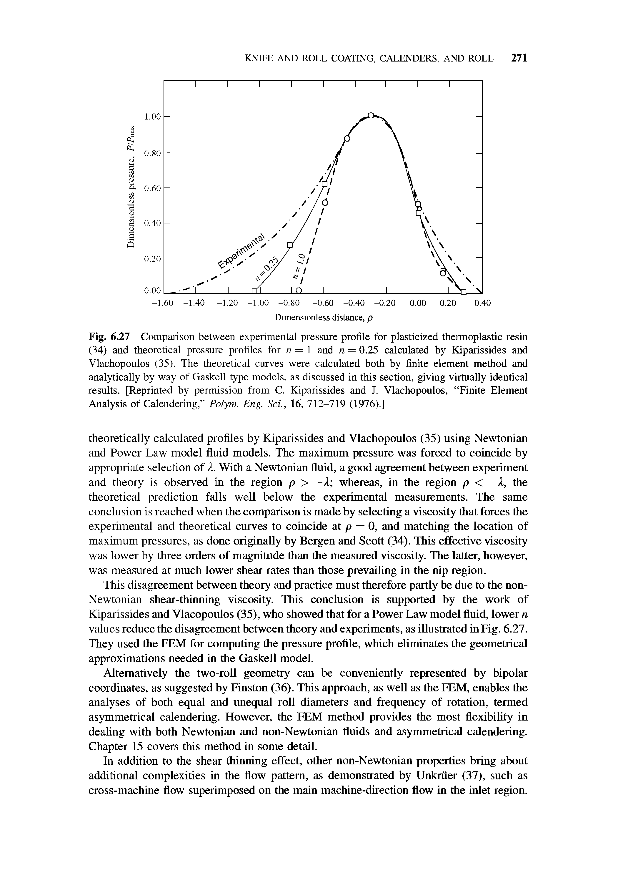 Fig. 6.27 Comparison between experimental pressure profile for plasticized thermoplastic resin (34) and theoretical pressure profiles for n — 1 and n — 0.25 calculated by Kiparissides and Vlachopoulos (35). The theoretical curves were calculated both by finite element method and analytically by way of Gaskell type models, as discussed in this section, giving virtually identical results. [Reprinted by permission from C. Kiparissides and J. Vlachopoulos, Finite Element Analysis of Calendering, Polym. Eng. Set, 16, 712-719 (1976).]...