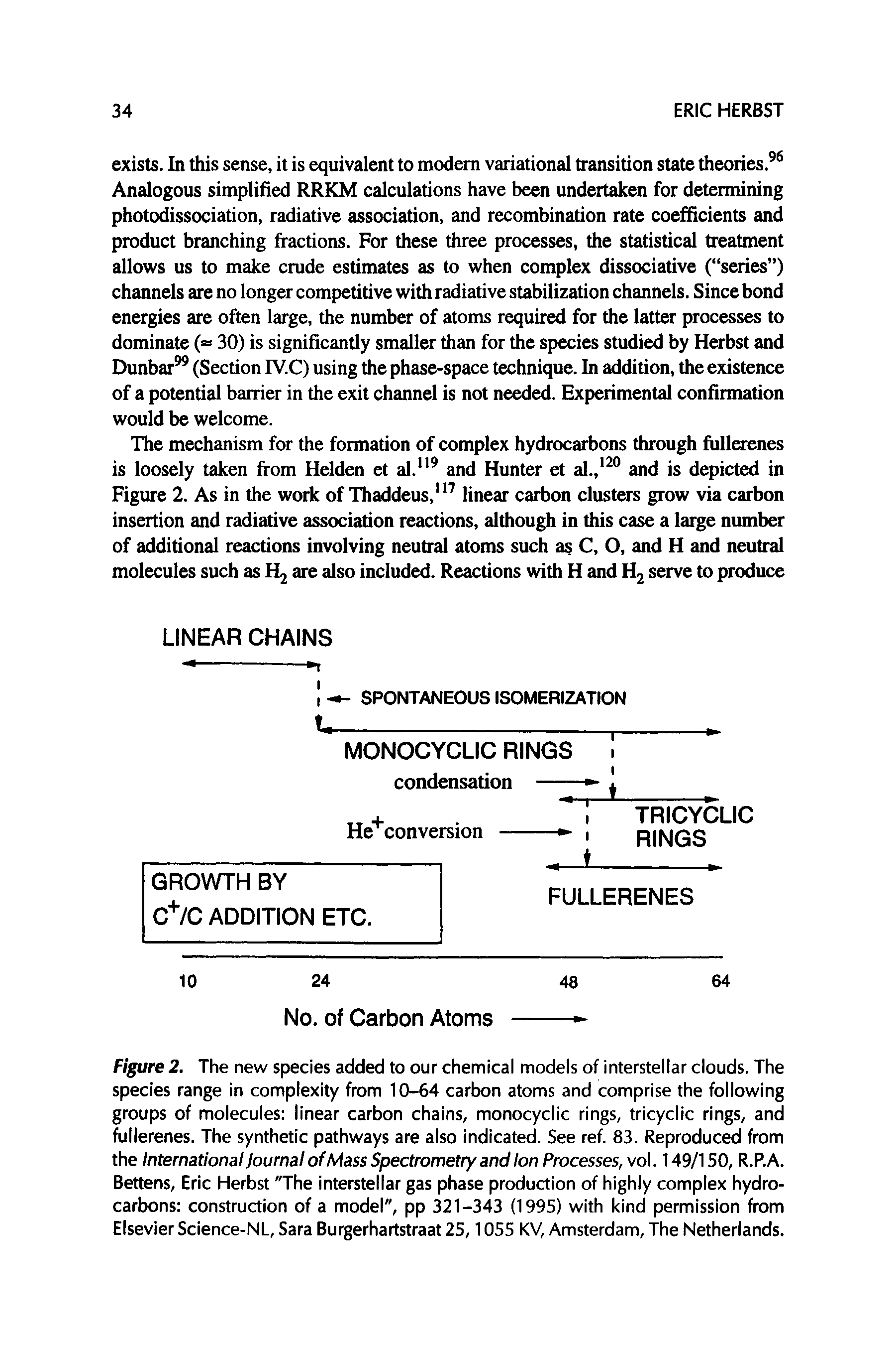 Figure 2. The new species added to our chemical models of interstellar clouds. The species range in complexity from 10-64 carbon atoms and comprise the following groups of molecules linear carbon chains, monocyclic rings, tricyclic rings, and fullerenes. The synthetic pathways are also indicated. See ref. 83. Reproduced from the International Journal of Mass Spectrometry and Ion Processes, vol. 149/150, R.P.A. Bettens, Eric Herbst "The interstellar gas phase production of highly complex hydrocarbons construction of a model", pp 321-343 (1995) with kind permission from Elsevier Science-NL, Sara Burgerhartstraat 25,1055 KV, Amsterdam, The Netherlands.