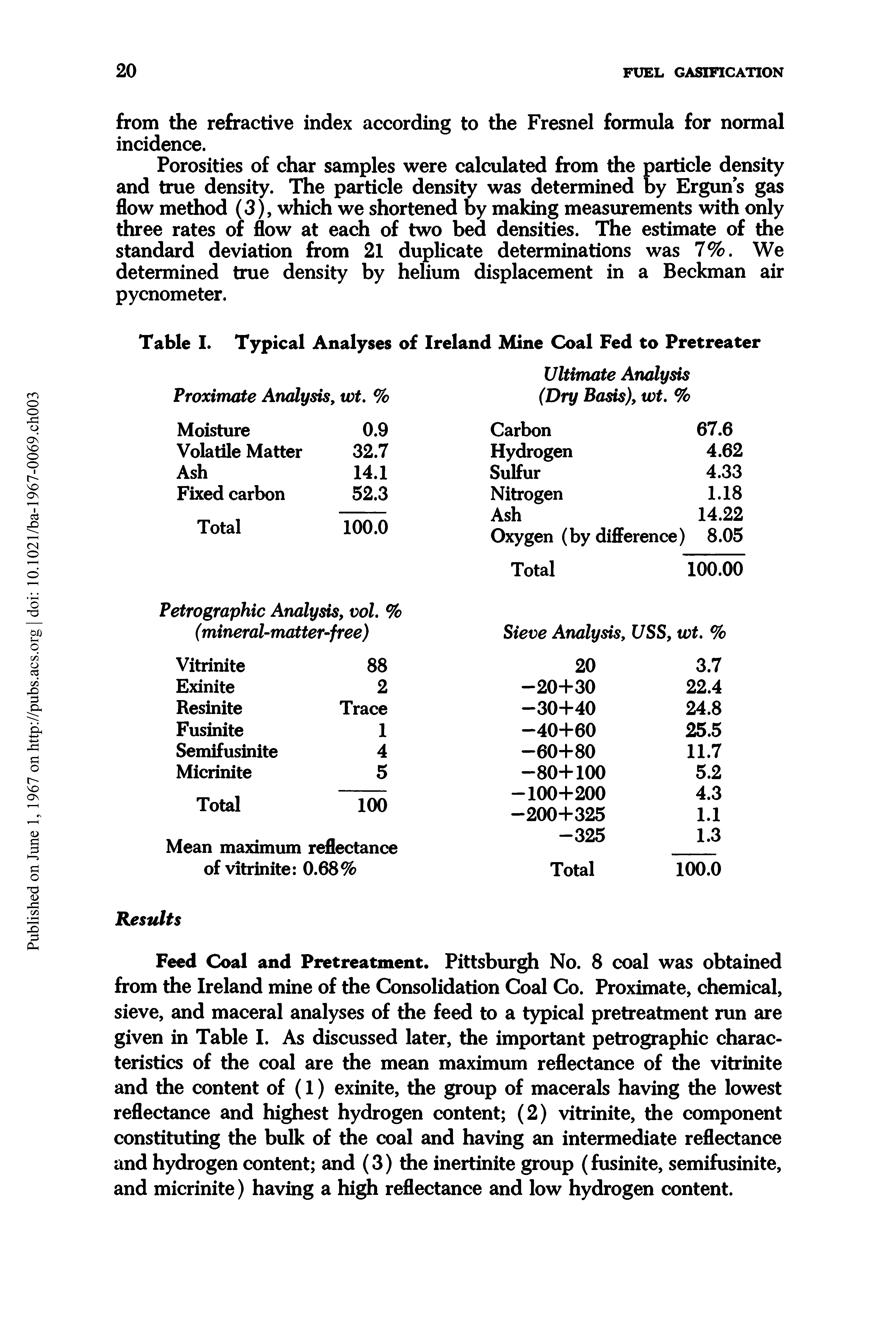 Table I. Typical Analyses of Ireland Mine Coal Fed to Pretreater...