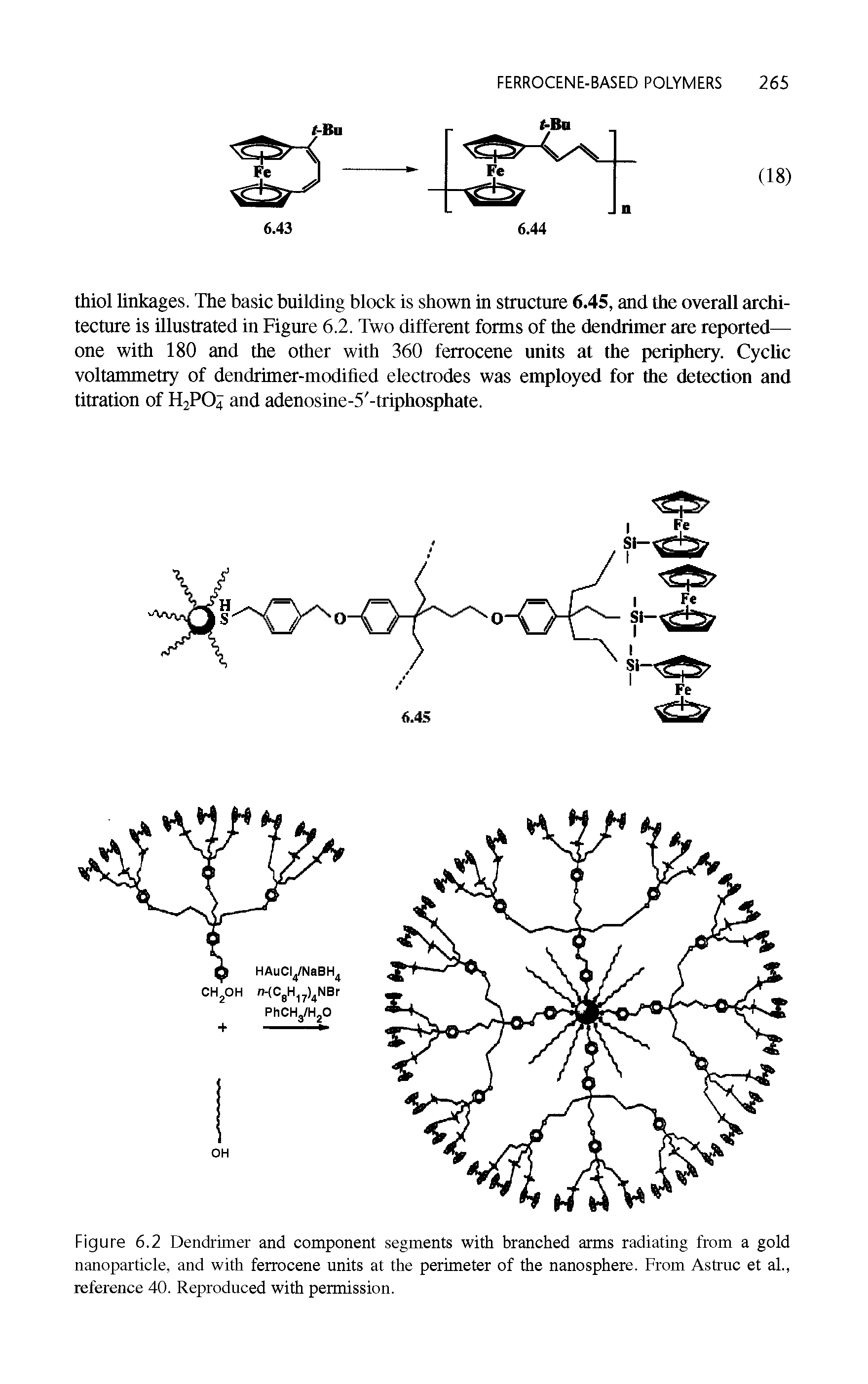 Figure 6.2 Dendrimer and component segments with branched arms radiating from a gold nanoparticle, and with ferrocene units at the perimeter of the nanosphere. From Astruc et al., reference 40. Reproduced with permission.