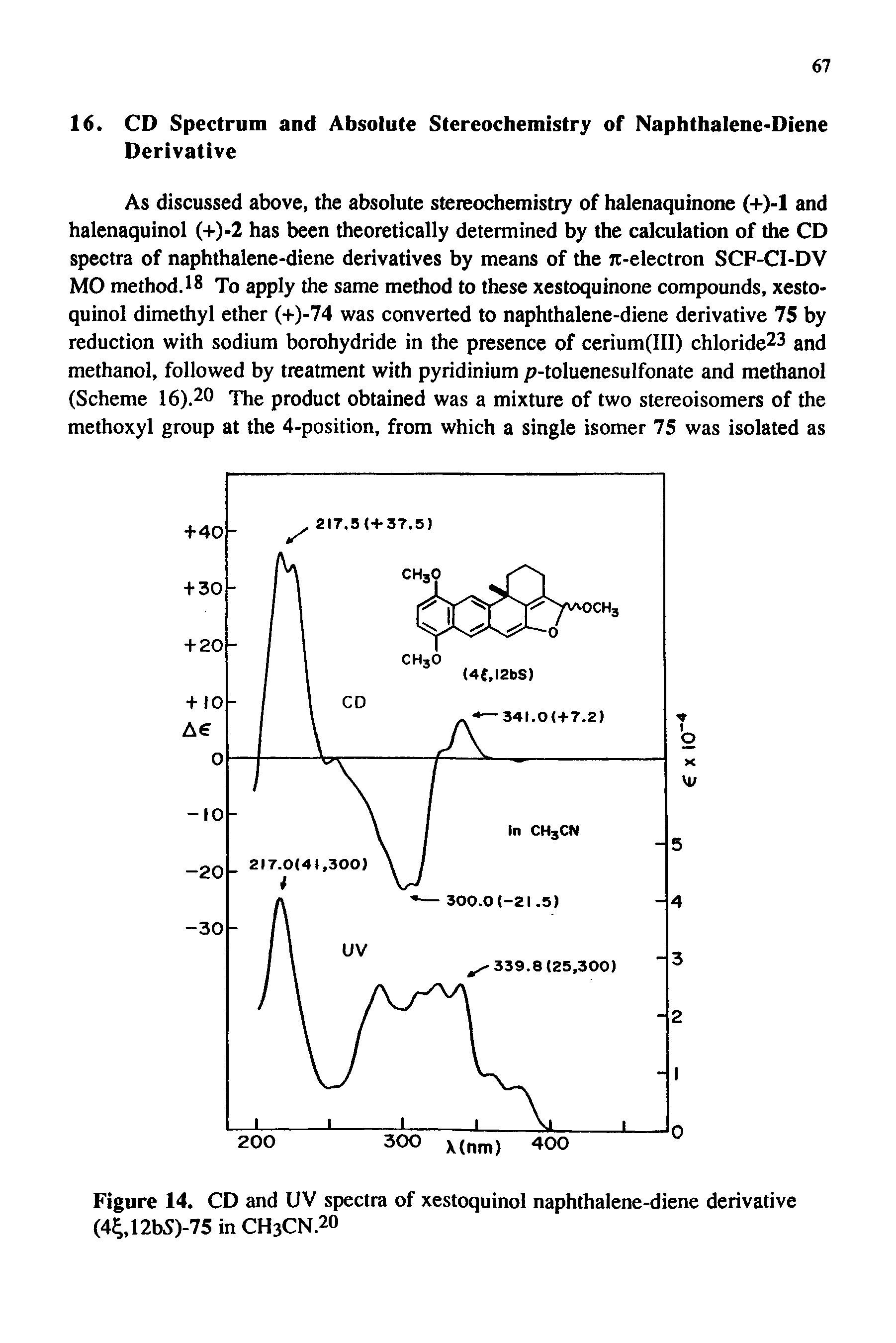 Figure 14. CD and UV spectra of xestoquinol naphthalene-diene derivative (4, 12bS)-75 in CH3CN.20...