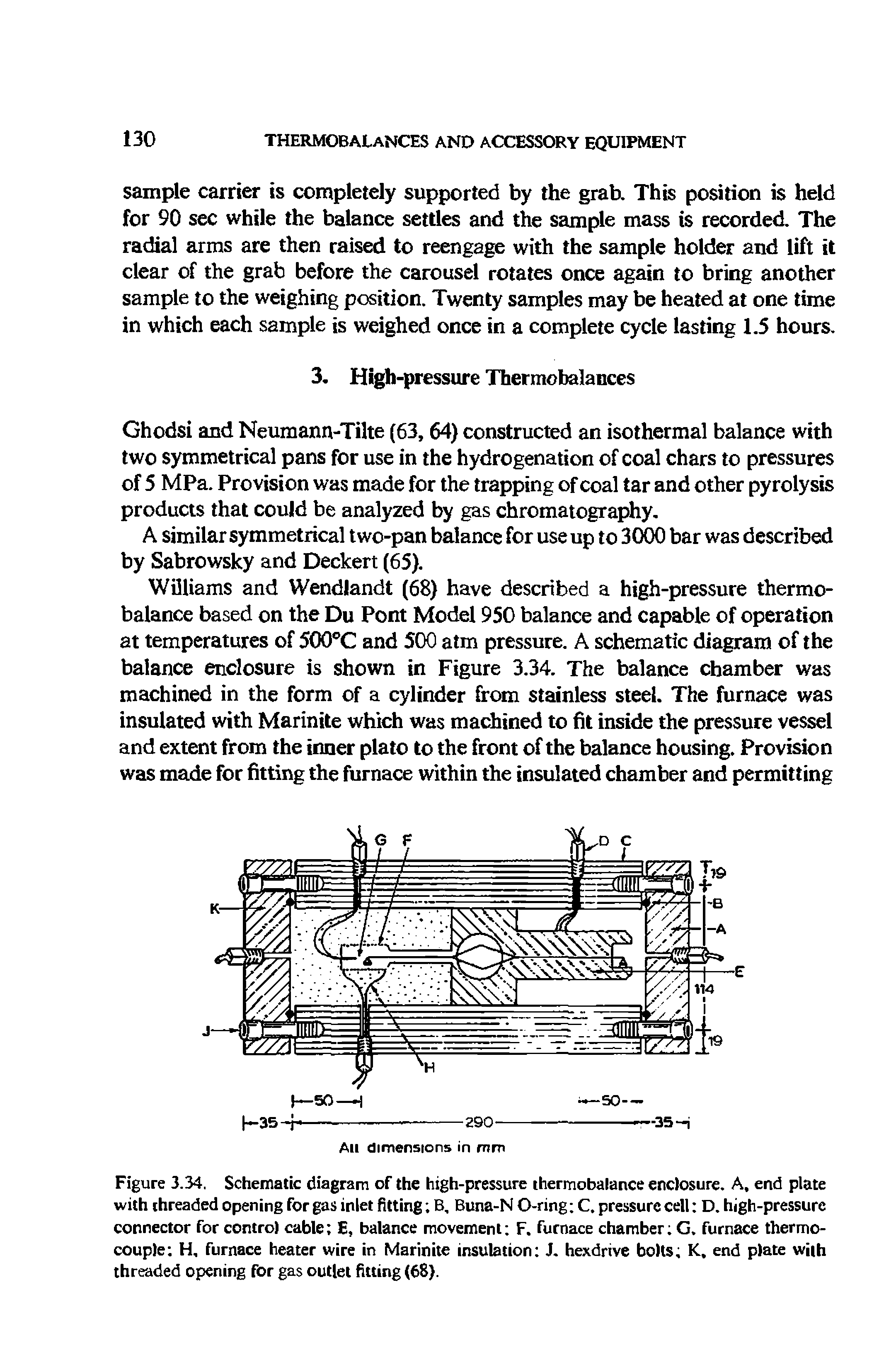 Figure 3.34. Schematic diagram of the high-pressure thermobalance enclosure. A, end plate with threaded opening for gas inlet fitting B, Buna-N O-ring C. pressure cell D. high-pressure connector for control cable E, balance movement F. furnace chamber G. furnace thermocouple H, furnace heater wire in Marinite insulation J. hexdrive bolts K, end plate with threaded opening for gas outlet fitting (68).