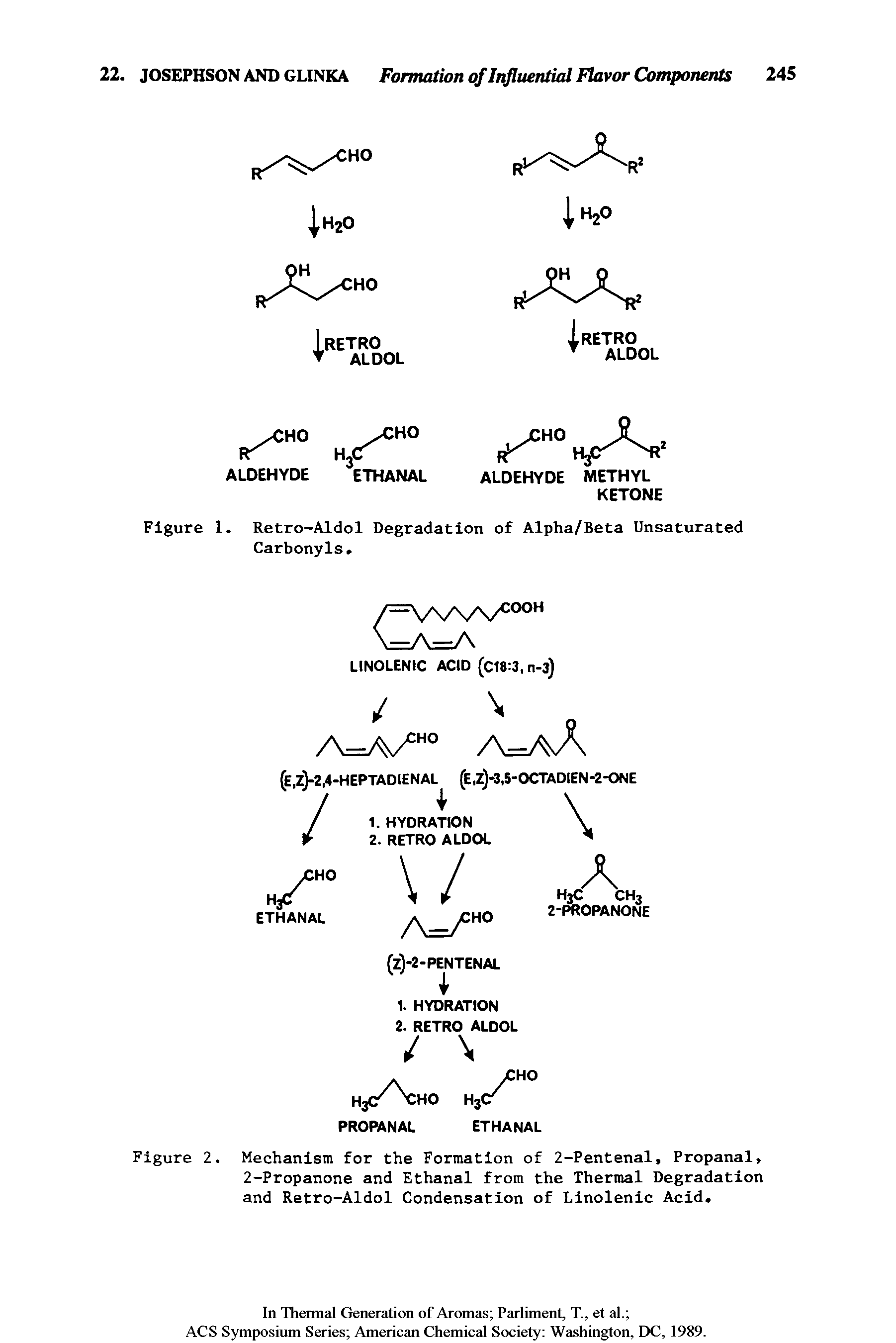 Figure 2. Mechanism for the Formation of 2-Pentenal, Propanal, 2-Propanone and Ethanal from the Thermal Degradation and Retro-Aldol Condensation of Linolenic Acid.
