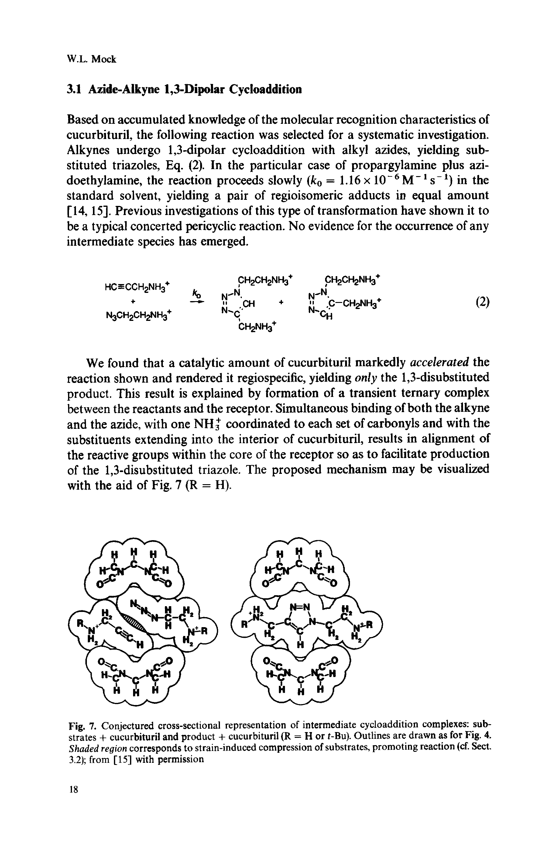 Fig. 7. Conjectured cross-sectional representation of intermediate cycloaddition complexes substrates + cucurbituril and product -t- cucurbituril (R = H or t-Bu). Outlines are drawn as for Fig. 4. Shaded region corresponds to strain-induced compression of substrates, promoting reaction (cf. Sect. 3.2) from [15] with permission...