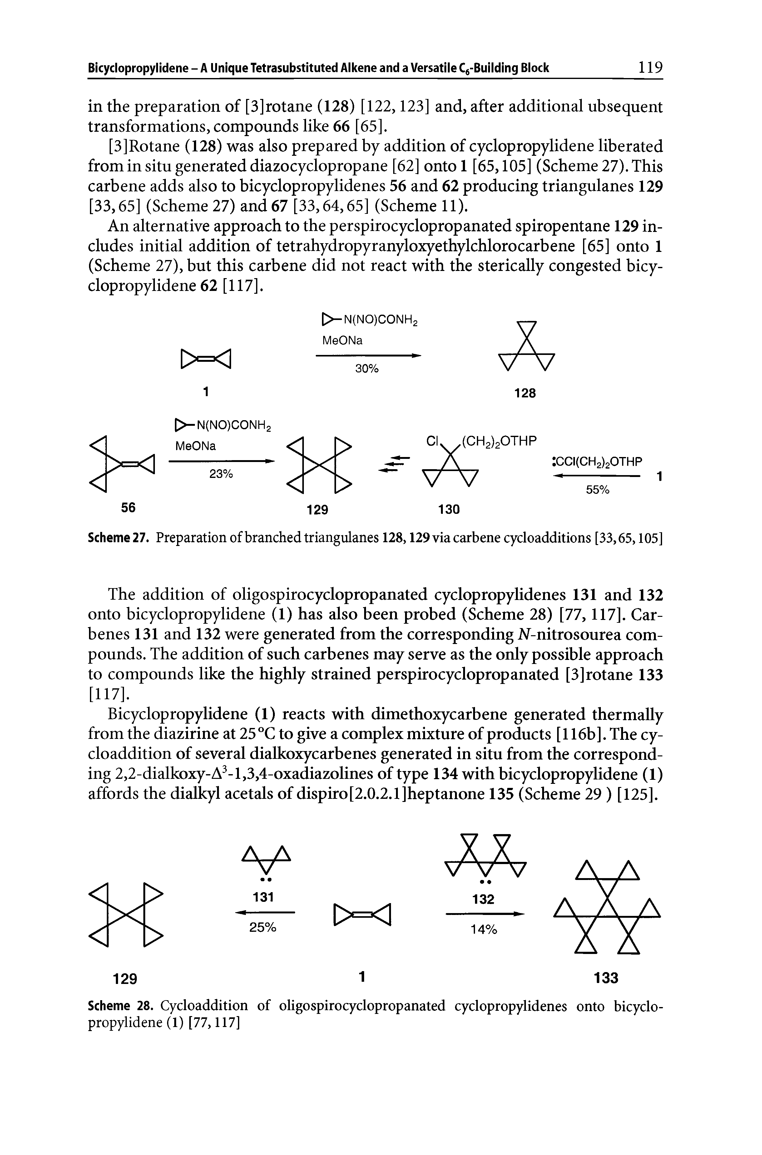 Scheme 27. Preparation of branched triangulanes 128,129 via carbene cycloadditions [33,65,105]...