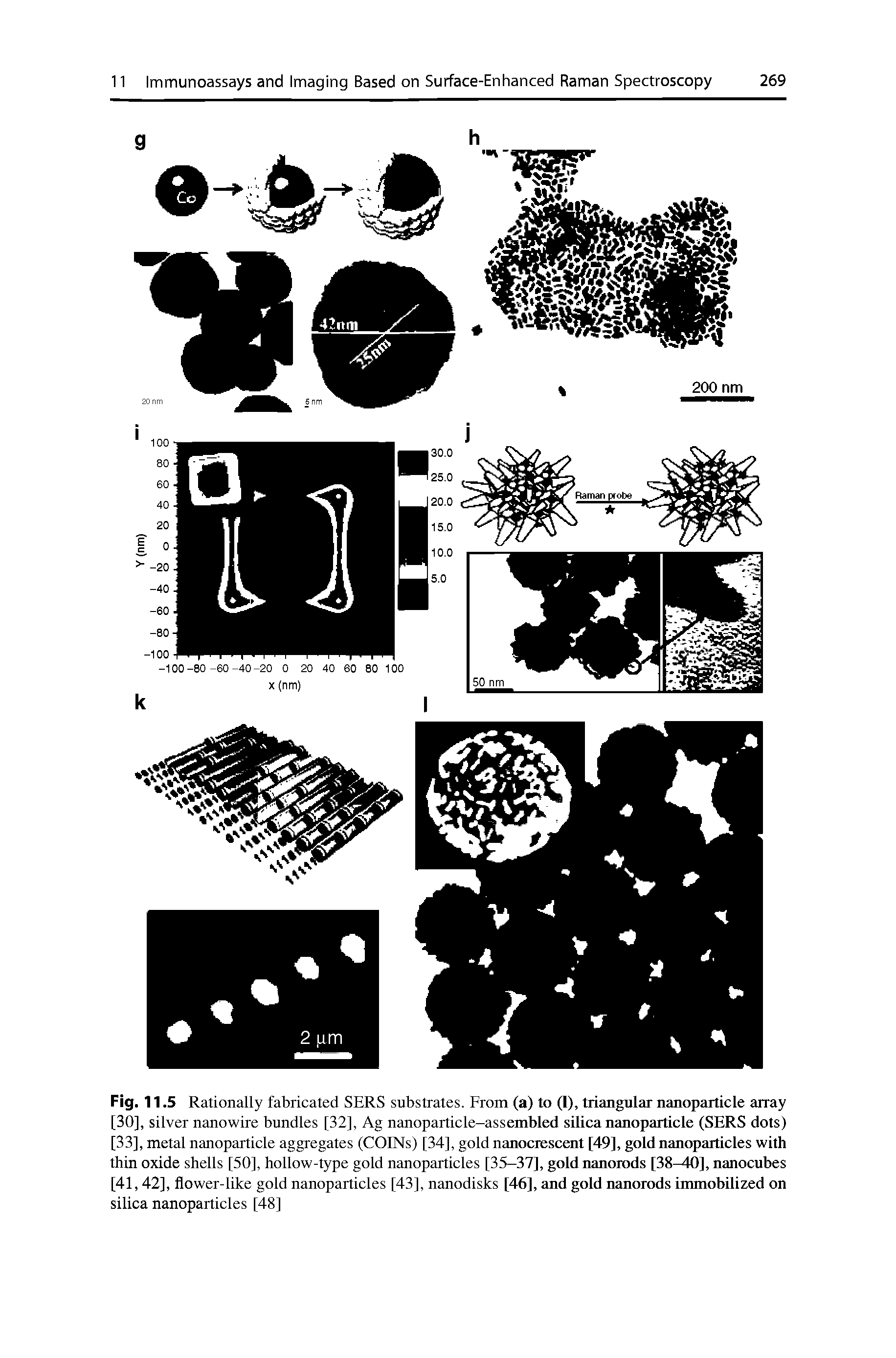 Fig. 11.5 Rationally fabricated SERS substrates. From (a) to (I), triangular nanoparticle array [30], silver nanowire bundles [32], Ag nanoparticle-assembled silica nanoparticle (SERS dots) [33], metal nanoparticle aggregates (COINs) [34], gold nanocrescent [49], gold nanoparticles with thin oxide shells [50], hollow-type gold nanoparticles [35-37], gold nanorods [38 10], nanocubes [41,42], flower-like gold nanoparticles [43], nanodisks [46], and gold nanorods immobilized on silica nanoparticles [48]...