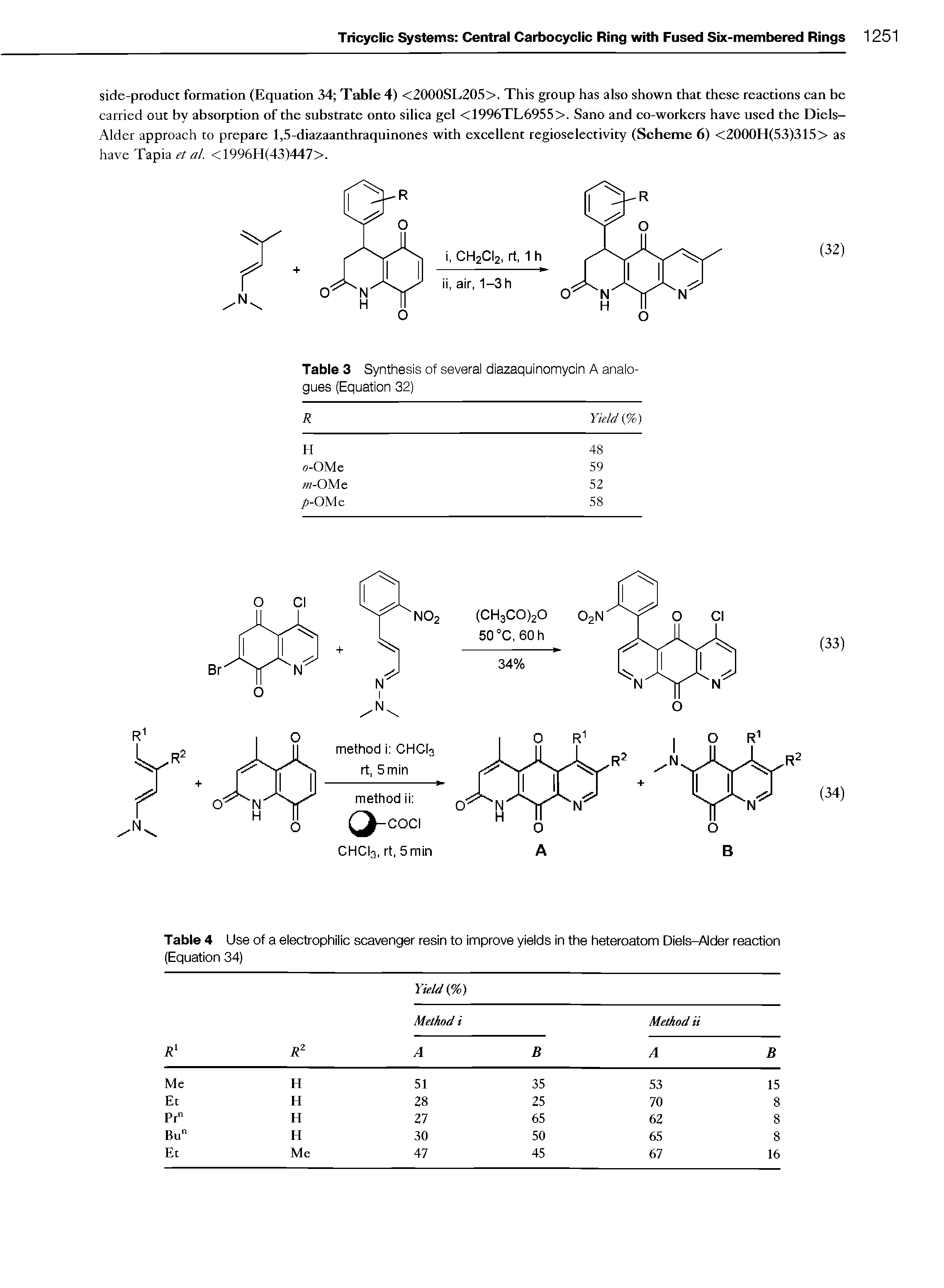 Table 4 Use of a electrophilic scavenger resin to improve yields in the heteroatom Diels-Alder reaction (Equation 34)...