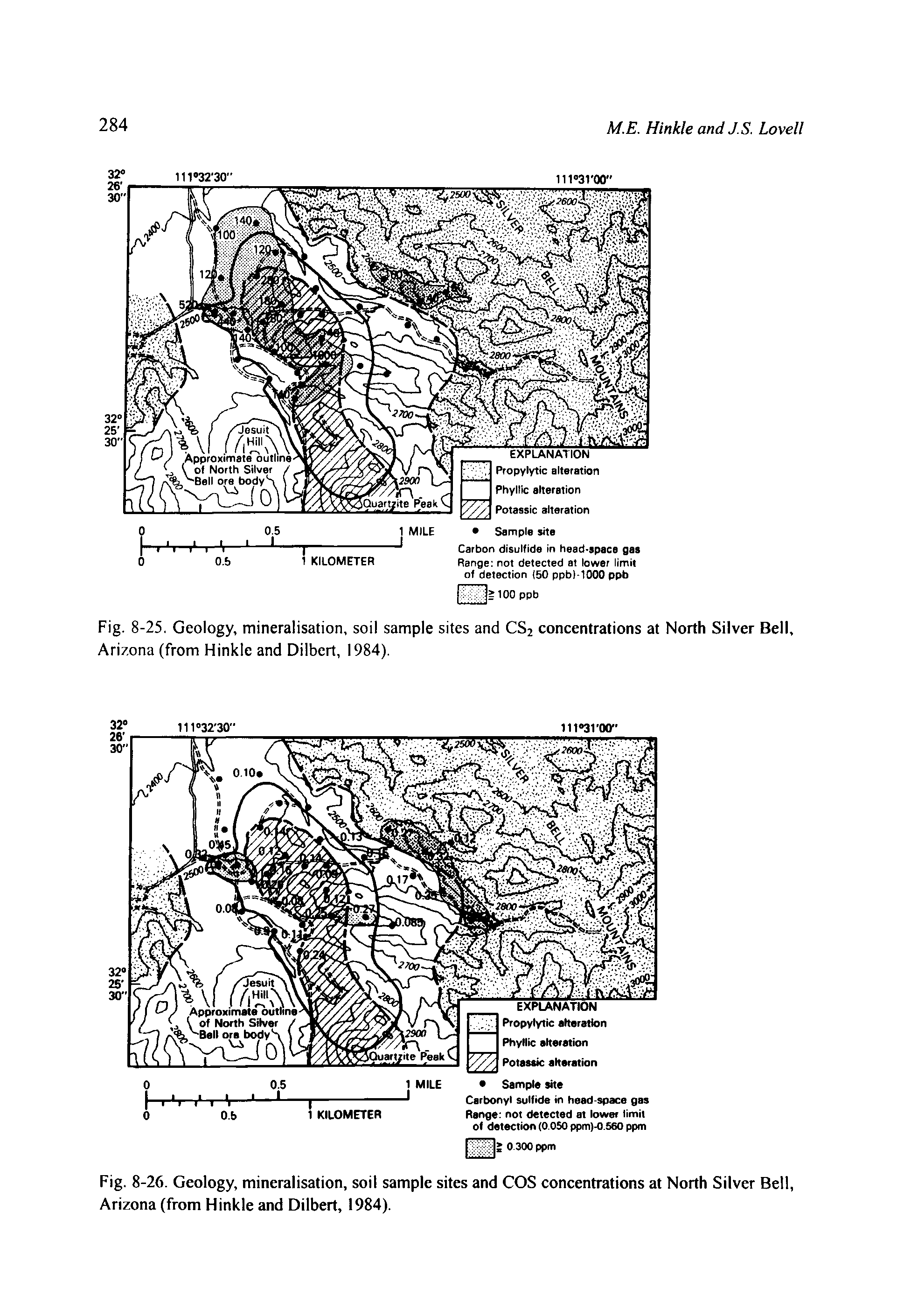 Fig. 8-25. Geology, mineralisation, soil sample sites and CS2 concentrations at North Silver Bell, Arizona (from Hinkle and Dilbert, 1984).