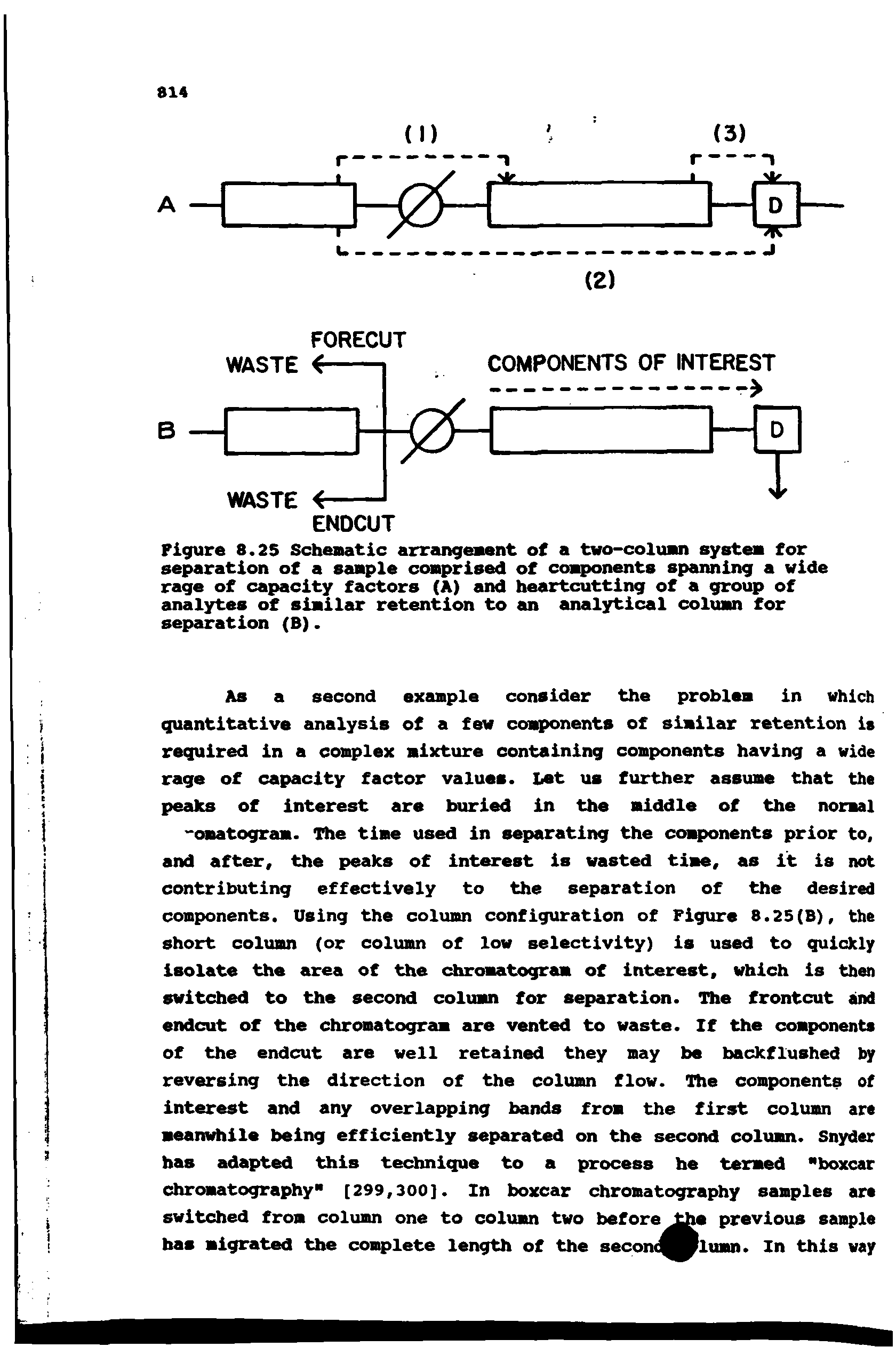 Figure 8.25 Schematic arrangement ot a two-column system for separation of a sample comprised of co xinents spanning a wide rage of capacity factors (A) and heartcutting of a group of analytes of similar retention to an analytical column for separation (B).