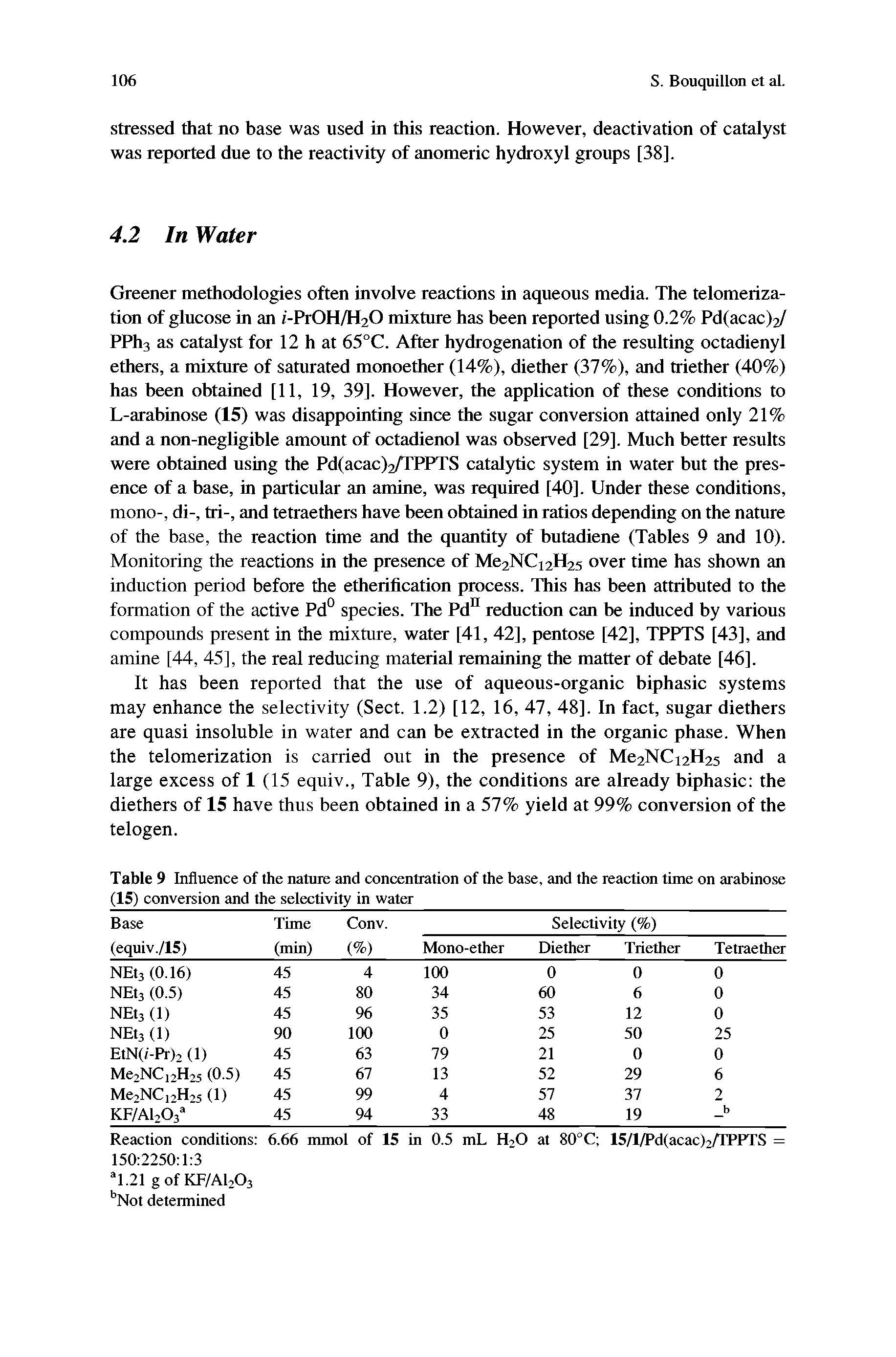 Table 9 Influence of the nature and concentration of the base, and the reaction time on arabinose (15) conversion and the selectivity in water...