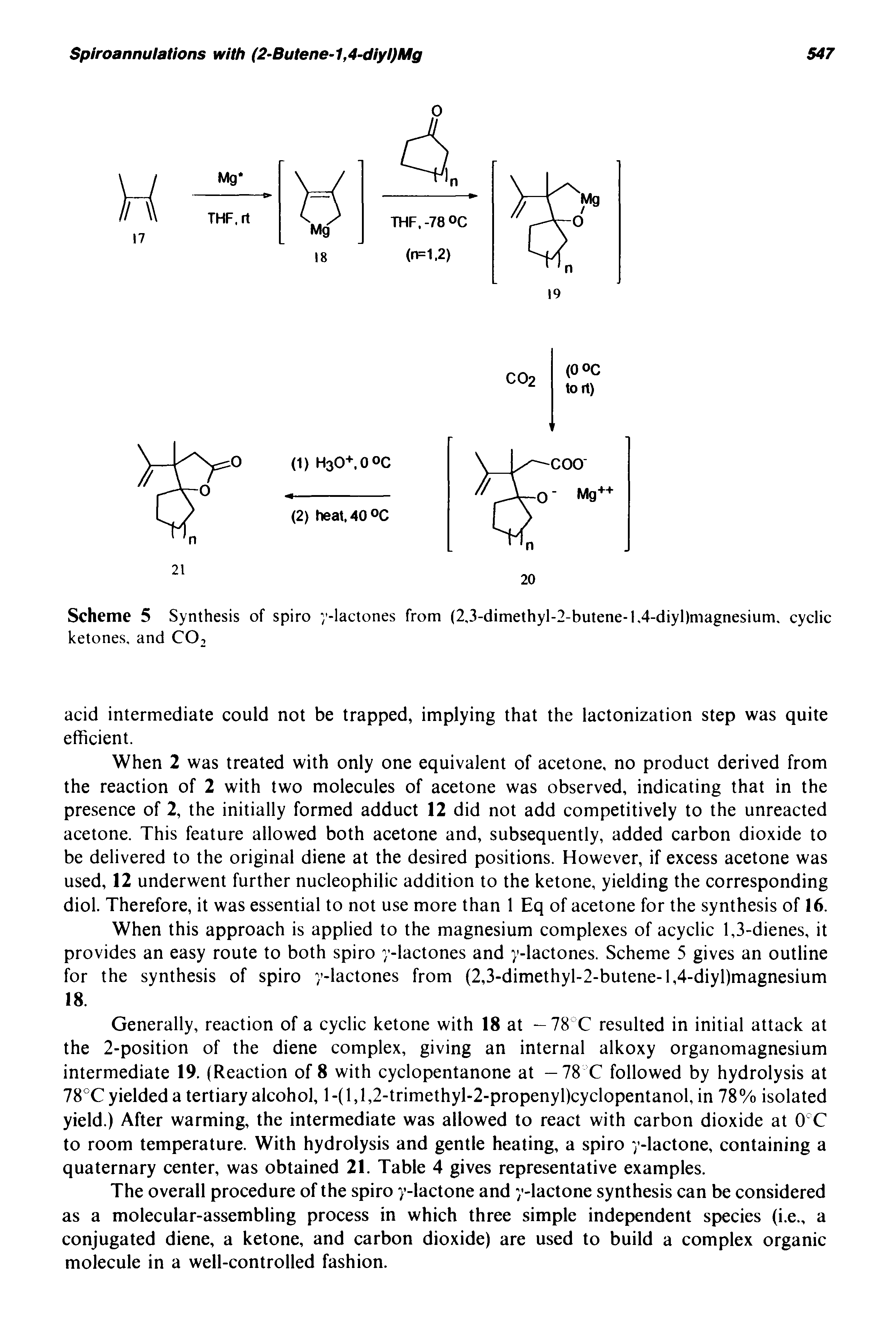Scheme 5 Synthesis of spiro y-lactones from (2,3-dimethyl-2-butene-1.4-diyl)magnesium. cyclic ketones, and CO-,...