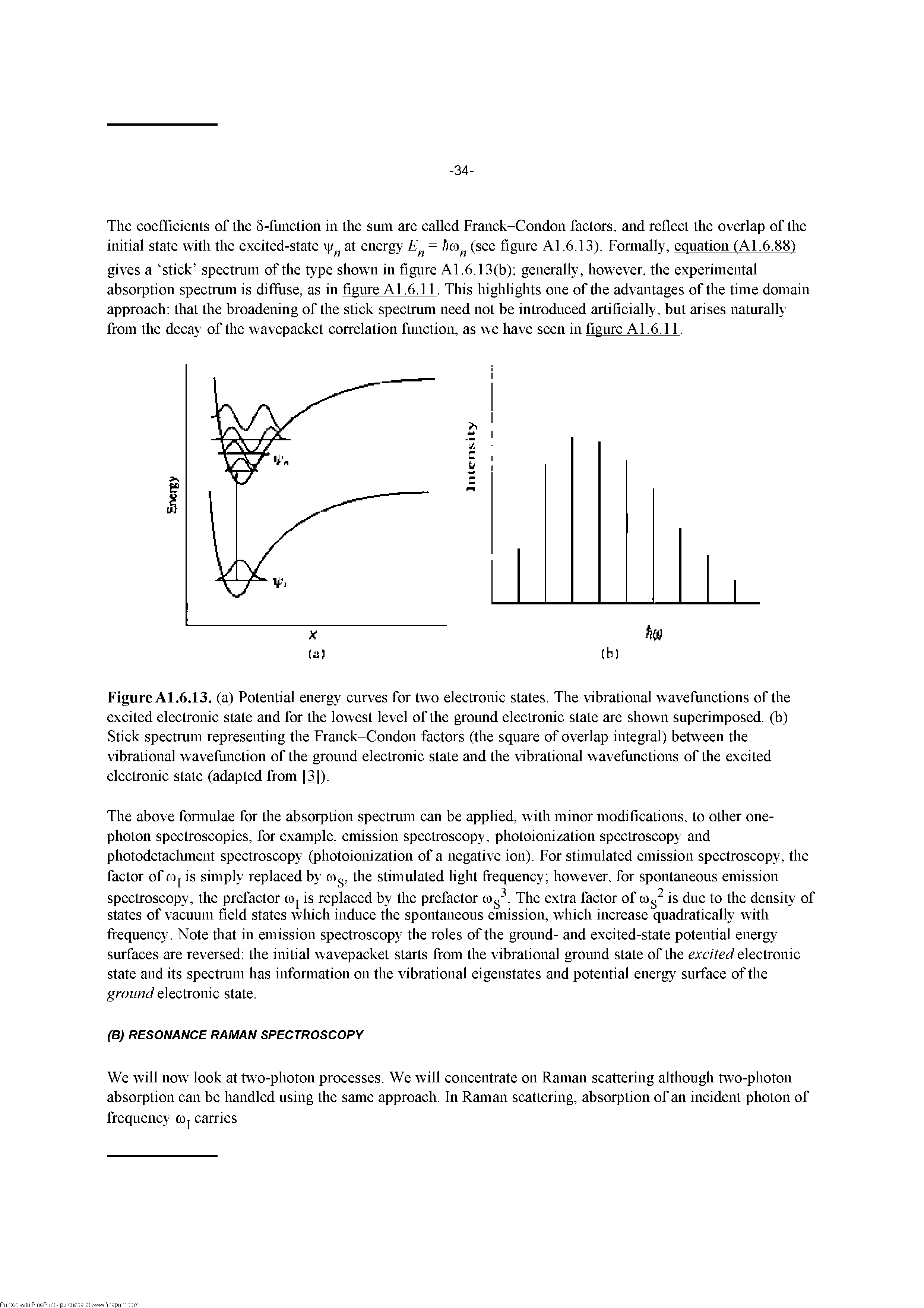 Figure Al.6.13. (a) Potential energy curves for two electronic states. The vibrational wavefunctions of the excited electronic state and for the lowest level of the ground electronic state are shown superimposed, (b) Stick spectrum representing the Franck-Condon factors (the square of overlap integral) between the vibrational wavefiinction of the ground electronic state and the vibrational wavefiinctions of the excited electronic state (adapted from [3]).