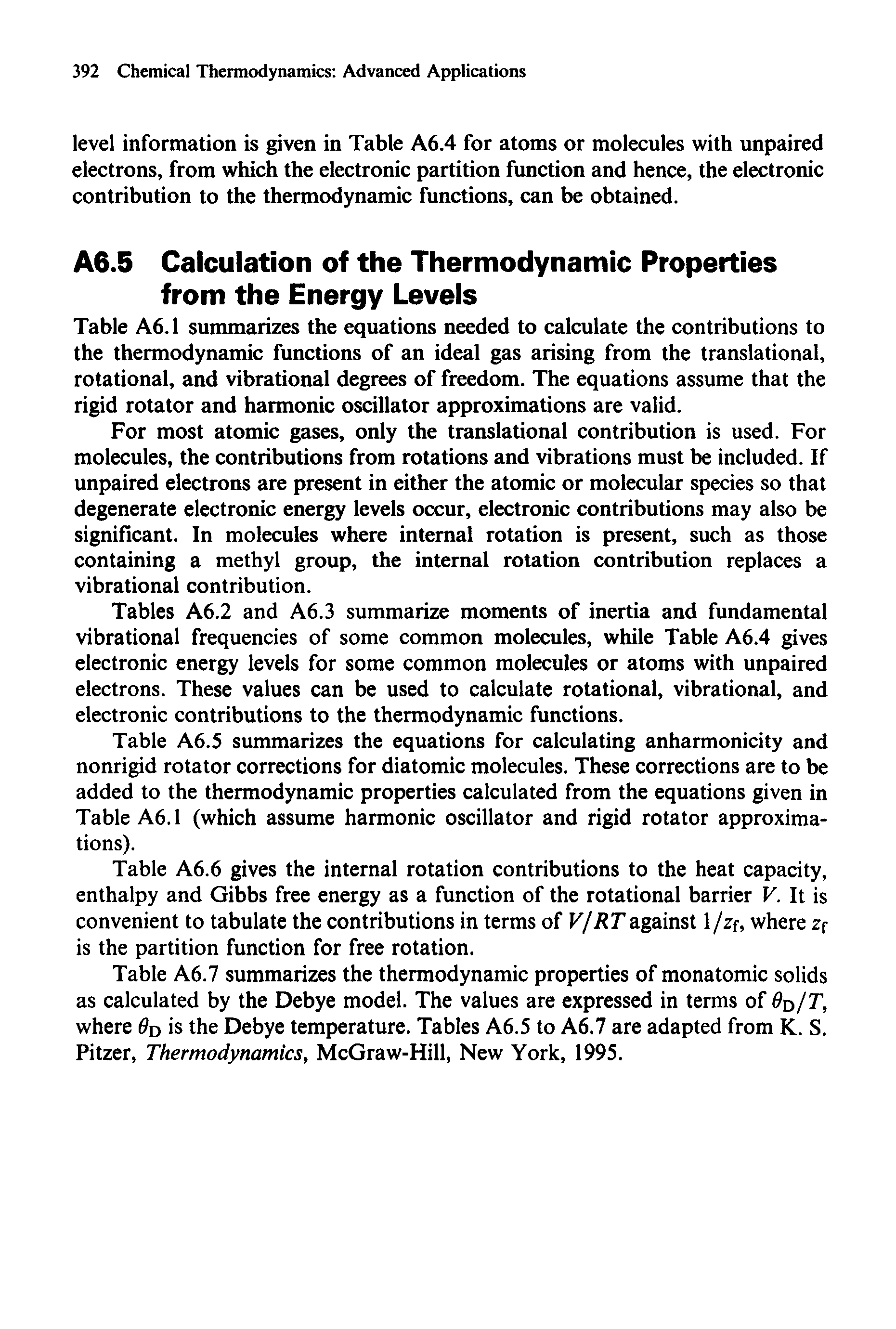 Table A6.1 summarizes the equations needed to calculate the contributions to the thermodynamic functions of an ideal gas arising from the translational, rotational, and vibrational degrees of freedom. The equations assume that the rigid rotator and harmonic oscillator approximations are valid.