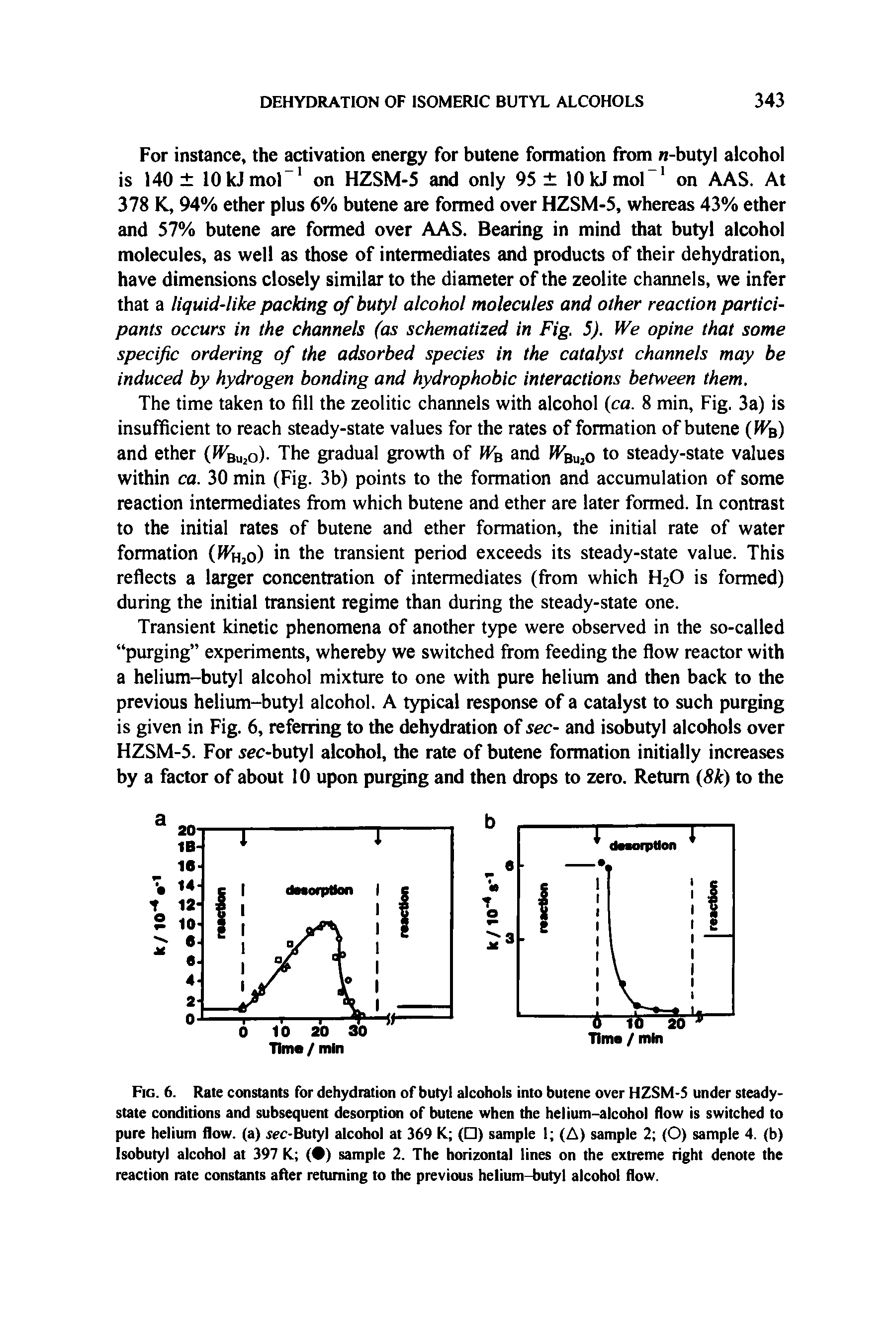 Fig. 6. Rate constants for dehydration of butyl alcohols into butene over HZSM-5 under steady-state conditions and subsequent desorption of butene when the helium-alcohol flow is switched to pure helium flow, (a) rec-Butyl alcohol at 369 K ( ) sample I (A) sample 2 (O) sample 4. (b) Isobutyl alcohol at 397 K ( ) sample 2. The horizontal lines on the extreme right denote the reaction rate constants after returning to the previous helium-butyl alcohol flow.