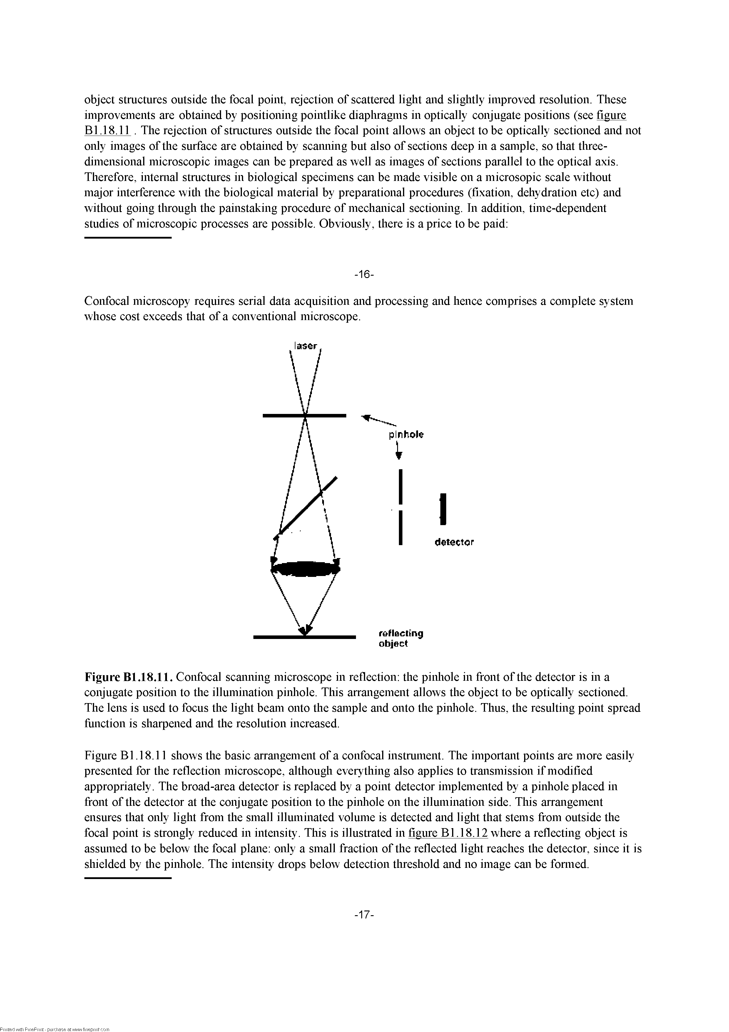Figure Bl.18.11. Confocal scanning microscope in reflection the pinliole in front of the detector is in a conjugate position to the illumination pinliole. This arrangement allows the object to be optically sectioned. The lens is used to focus the light beam onto the sample and onto the pinliole. Thus, the resulting point spread fimctioii is sharpened and the resolution increased.