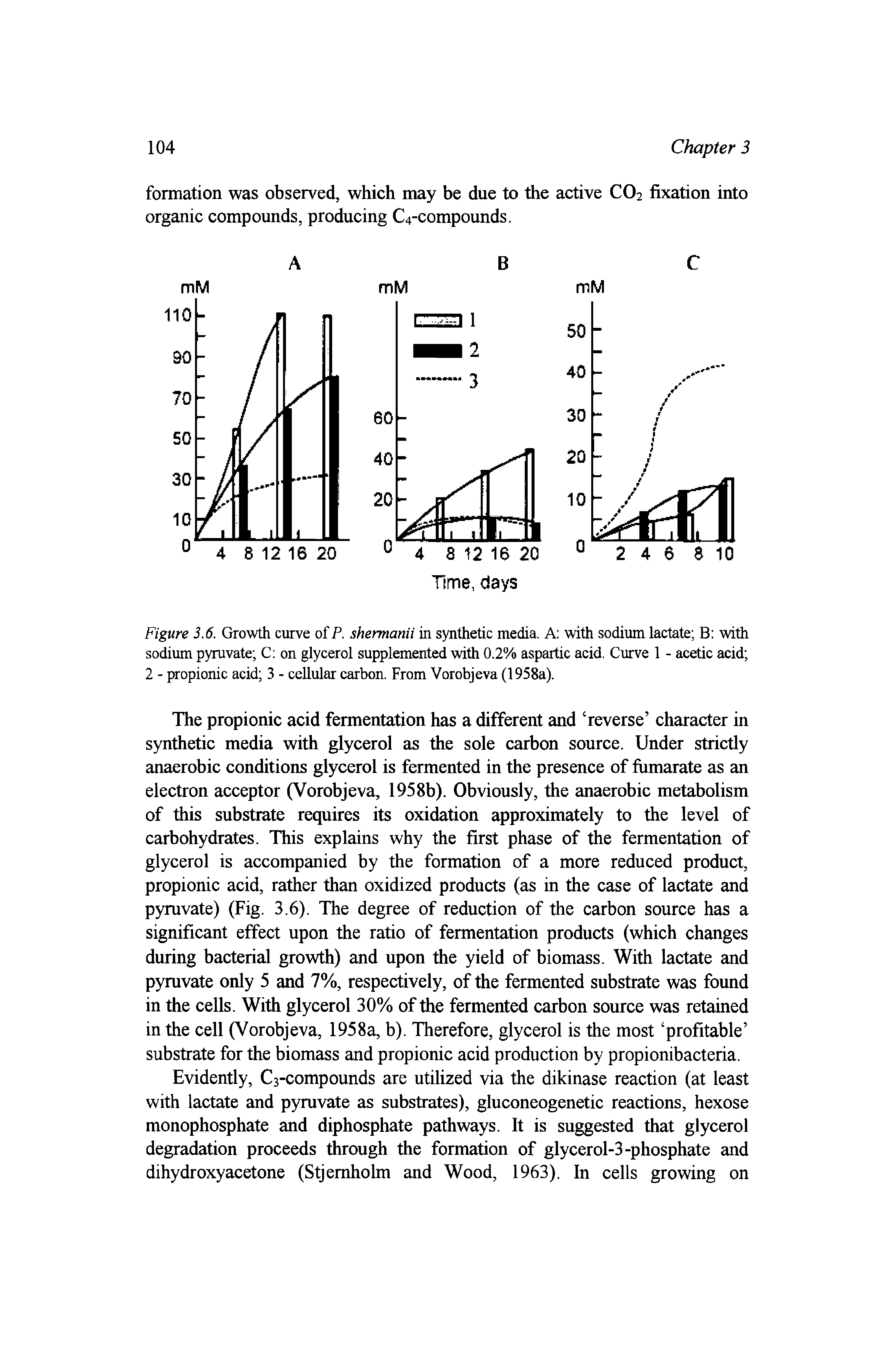 Figure 3.6. Growth curve of P. shermanii in synthetic media. A with sodium lactate B with sodium pyruvate C on glycerol supplemented with 0.2% aspartic acid. Curve 1 - acetic acid 2 - propionic acid 3 - cellular carbon. From Vorobjeva (1958a).