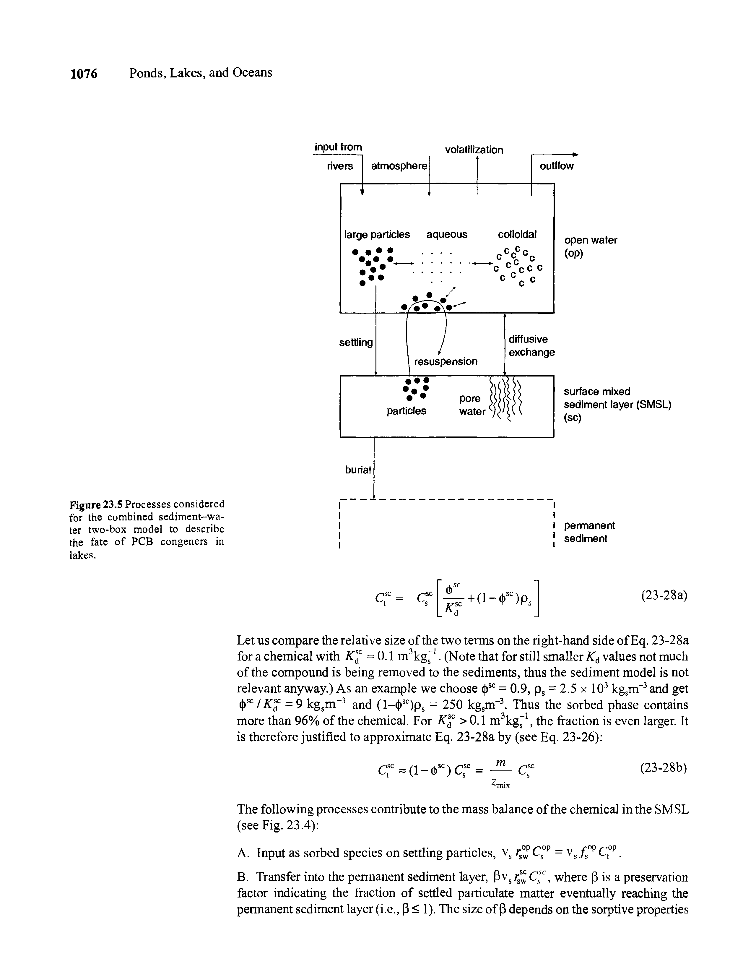 Figure 23.5 Processes considered for the combined sediment-water two-box model to describe the fate of PCB congeners in lakes.