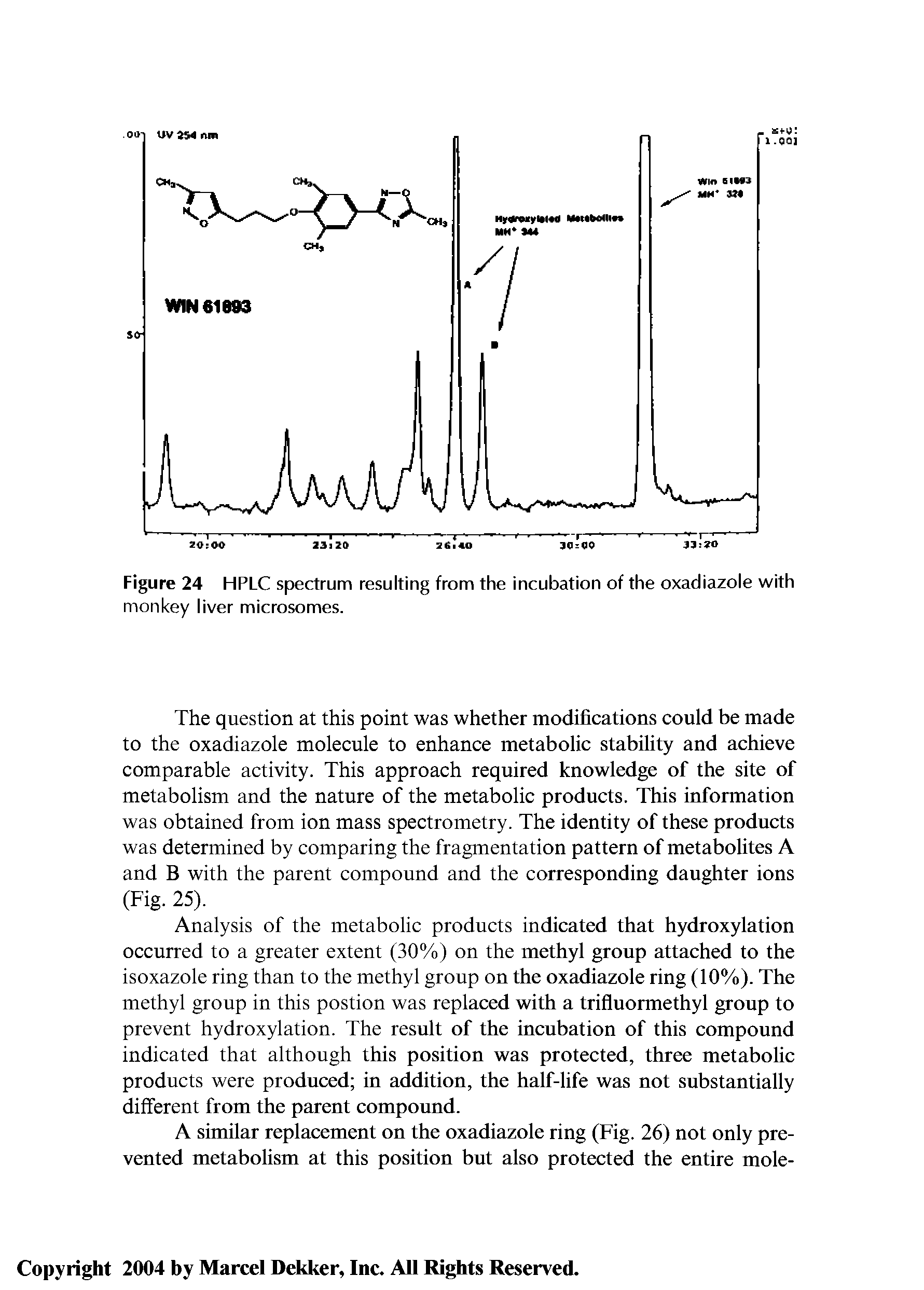 Figure 24 HPLC spectrum resulting from the incubation of the oxadiazole with monkey liver microsomes.