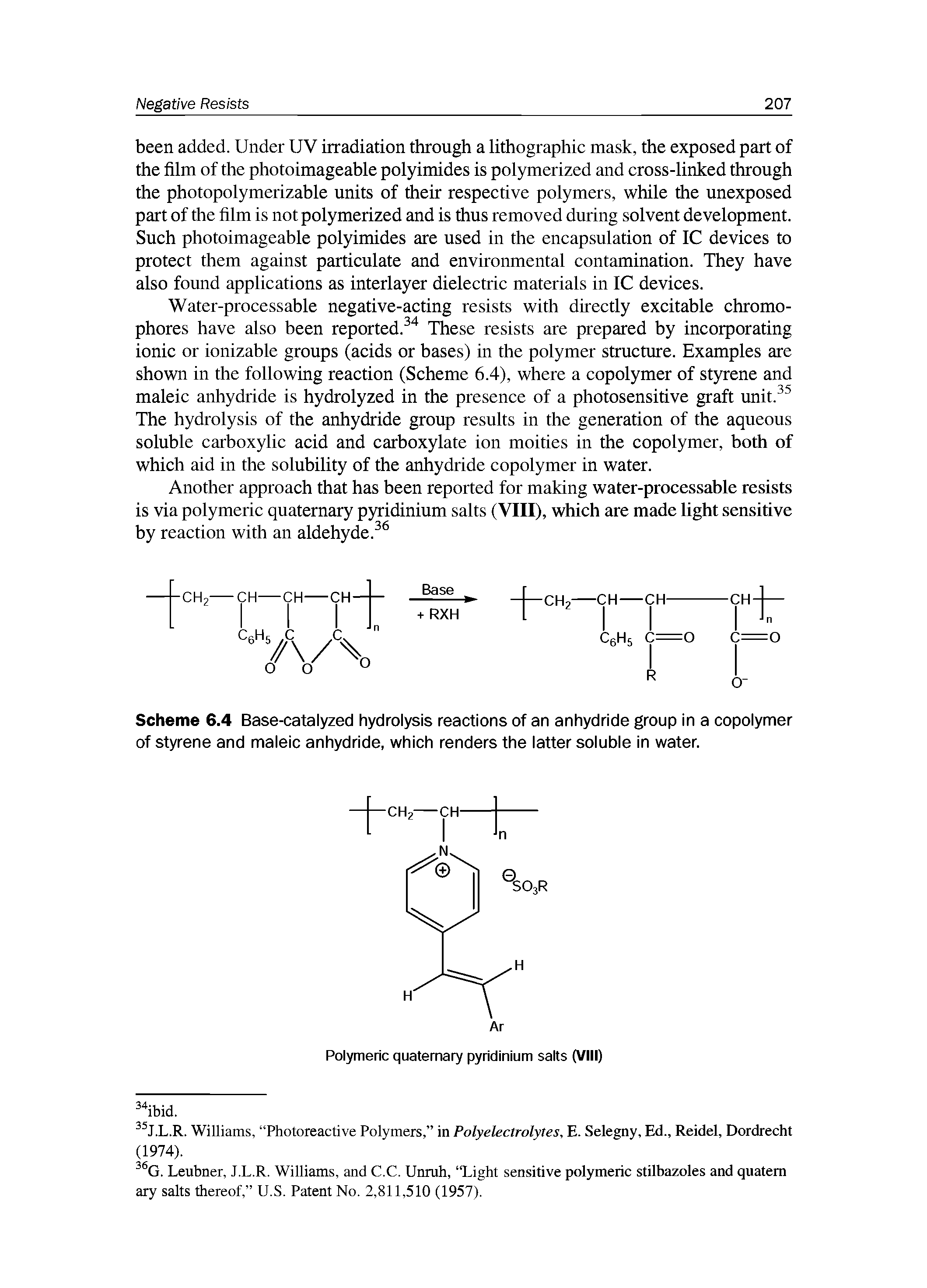 Scheme 6.4 Base-catalyzed hydrolysis reactions of an anhydride group in a copolymer of styrene and maleic anhydride, which renders the latter soluble in water.