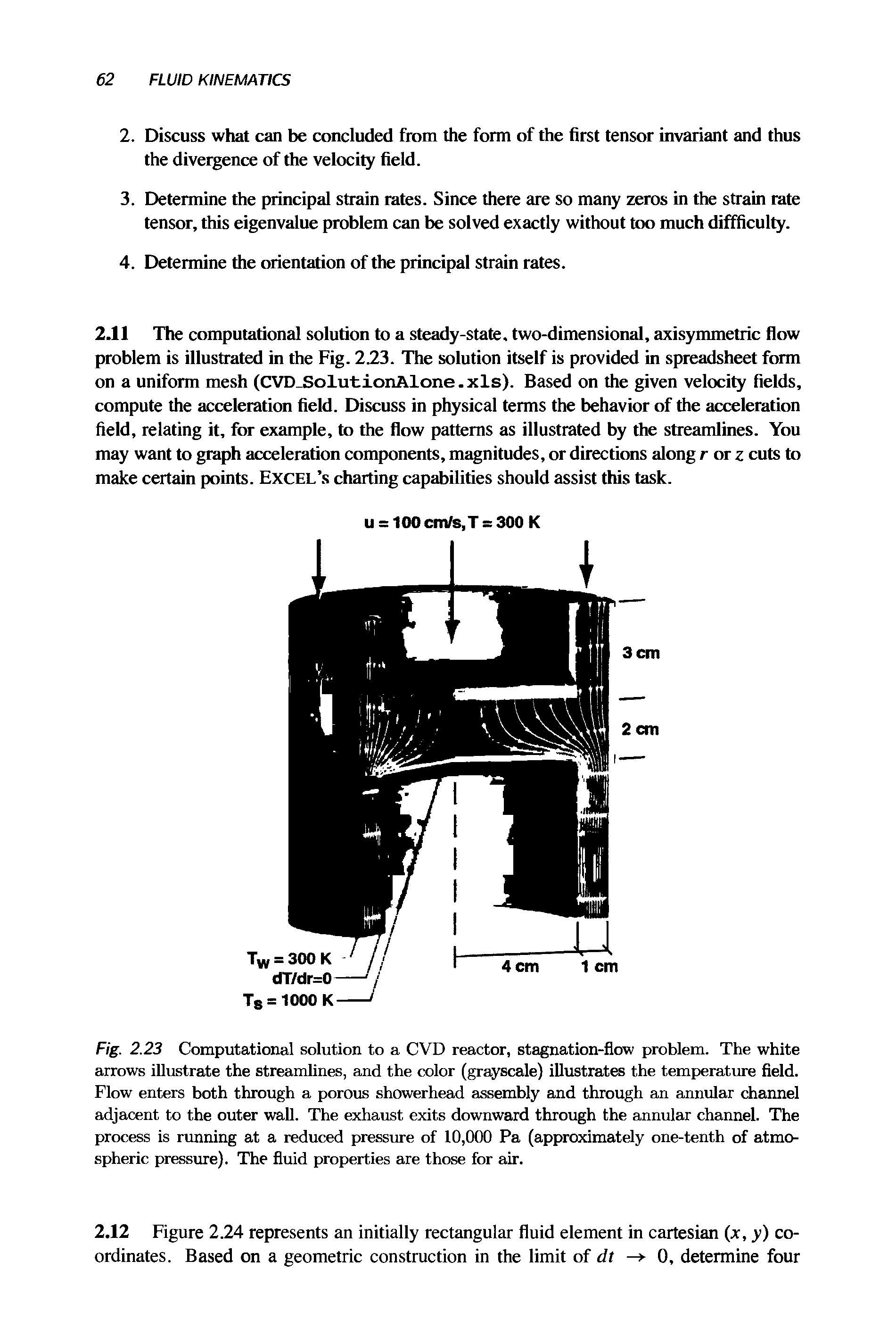 Fig. 2.23 Computational solution to a CVD reactor, stagnation-flow problem. The white arrows illustrate the streamlines, and the color (grayscale) illustrates the temperature field. Flow enters both through a porous showerhead assembly and through an annular channel adjacent to the outer wall. The exhaust exits downward through the annular channel. The process is running at a reduced pressure of 10,000 Pa (approximately one-tenth of atmospheric pressure). The fluid properties are those for air.