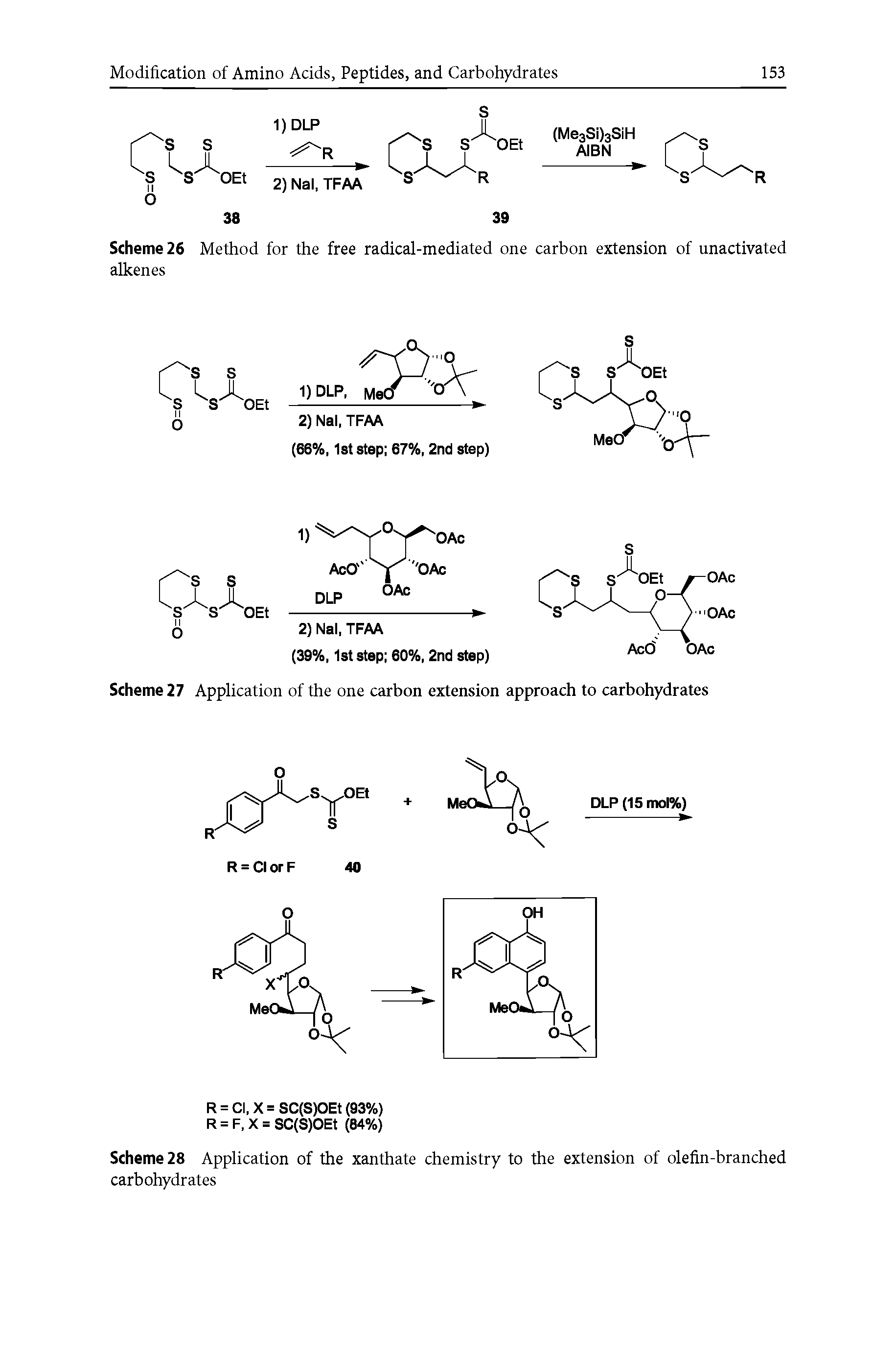 Scheme 28 Application of the xanthate chemistry to the extension of olefin-branched carbohydrates...